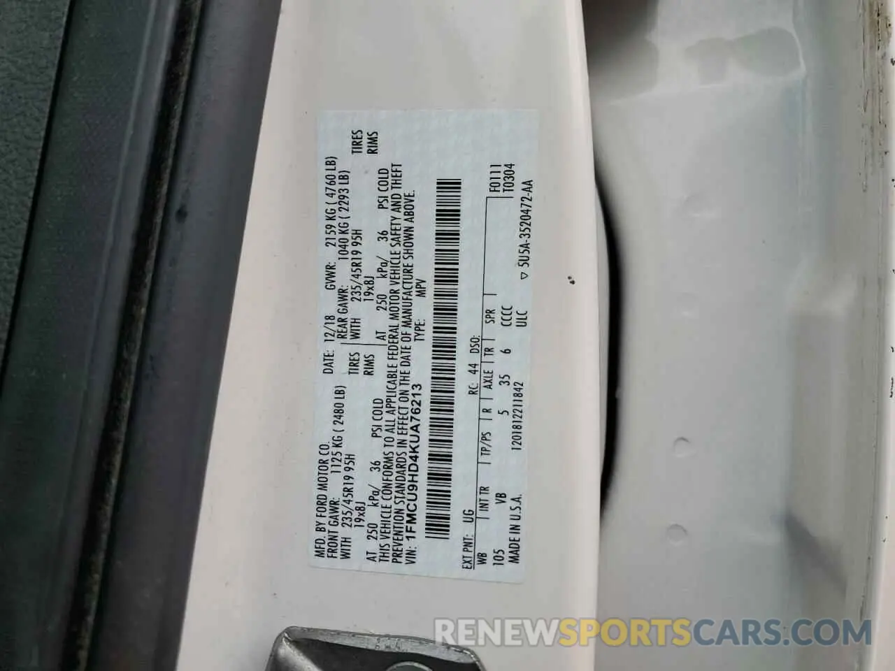 15 fotografías del automóvil dañado 1FMCU9HD4KUA76213 FORD ESCAPE 2019