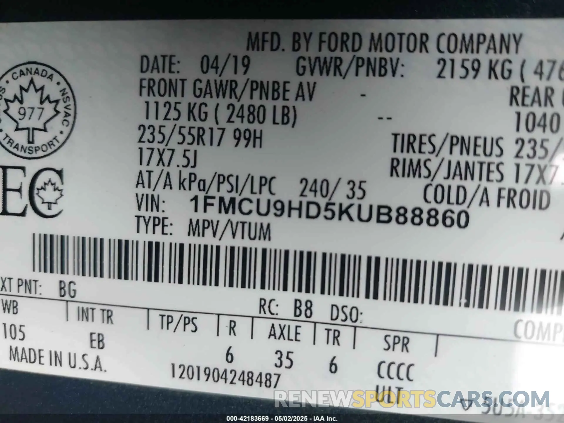 9 fotografías del automóvil dañado 1FMCU9HD5KUB88860 FORD ESCAPE 2019