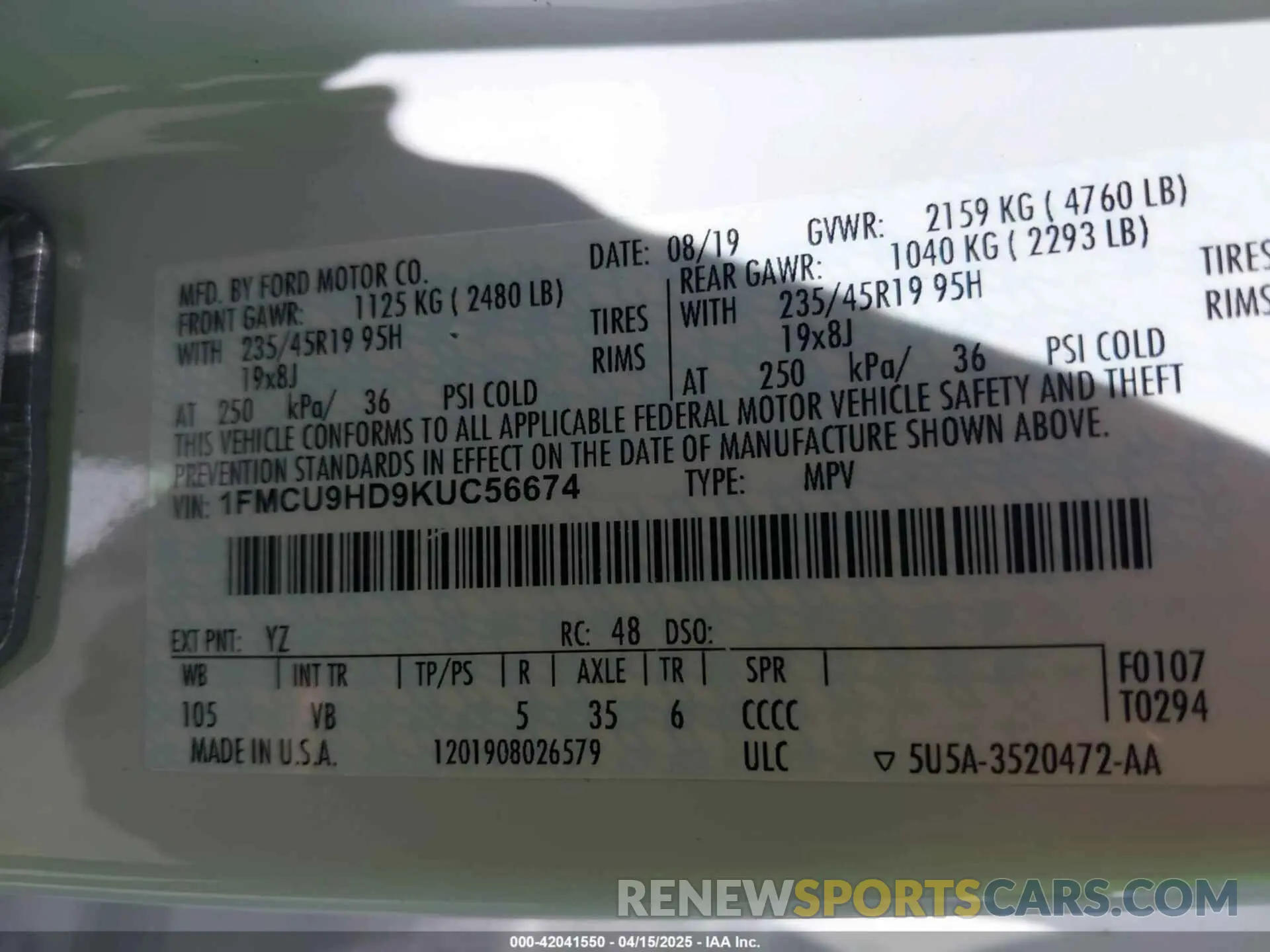 9 fotografías del automóvil dañado 1FMCU9HD9KUC56674 FORD ESCAPE 2019
