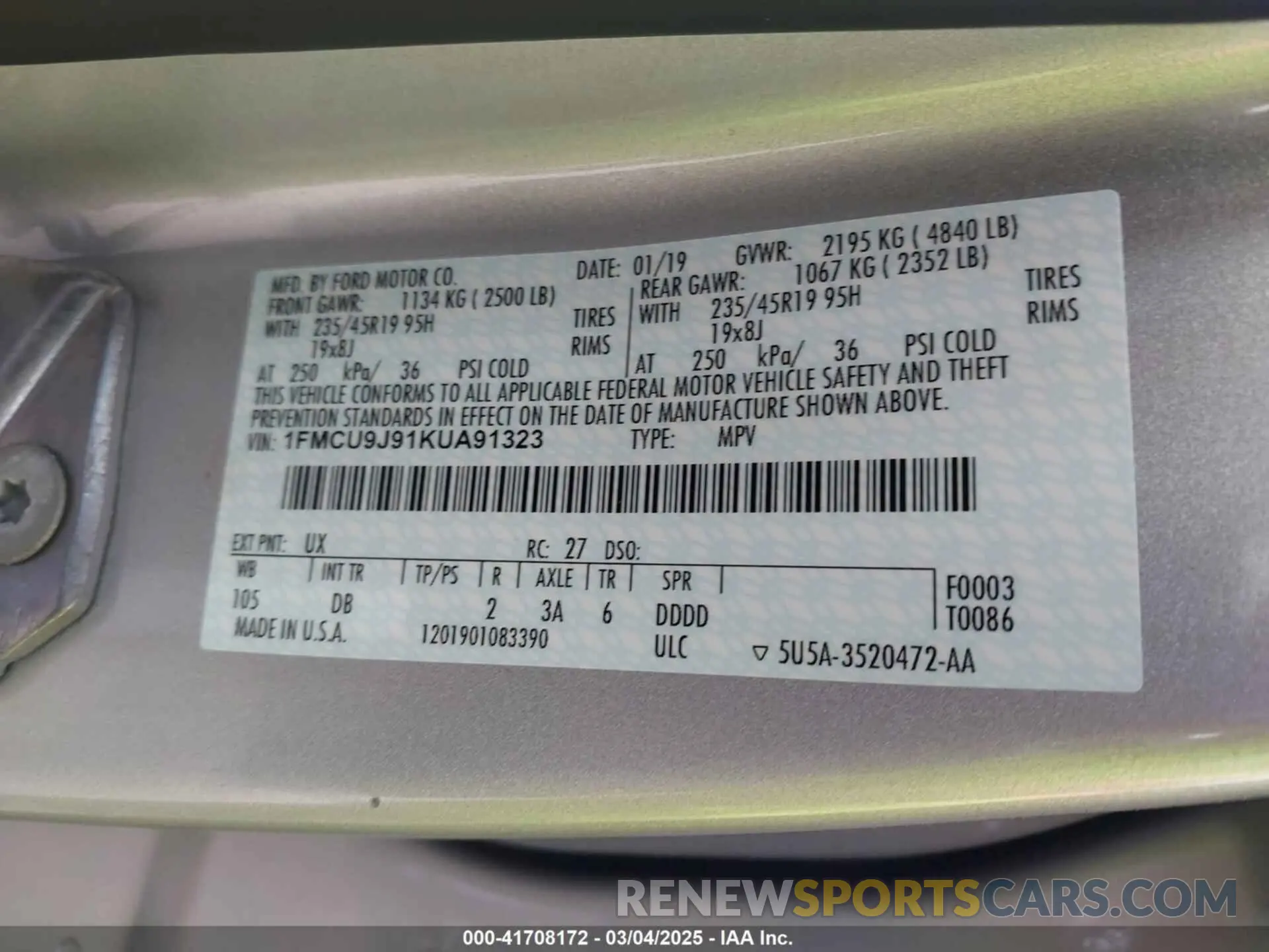 9 fotografías del automóvil dañado 1FMCU9J91KUA91323 FORD ESCAPE 2019