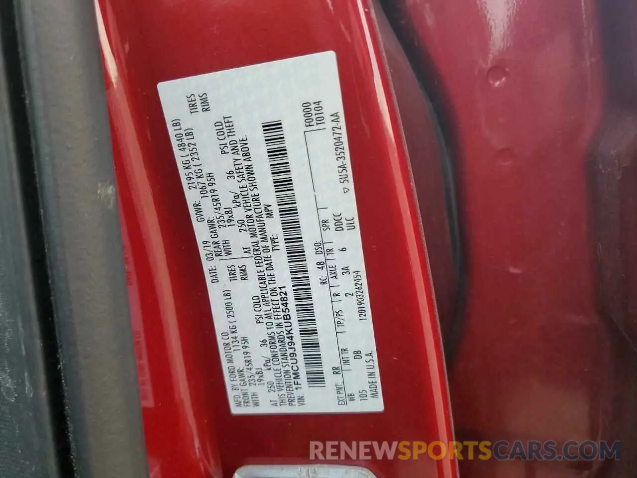 15 fotografías del automóvil dañado 1FMCU9J94KUB54821 FORD ESCAPE 2019