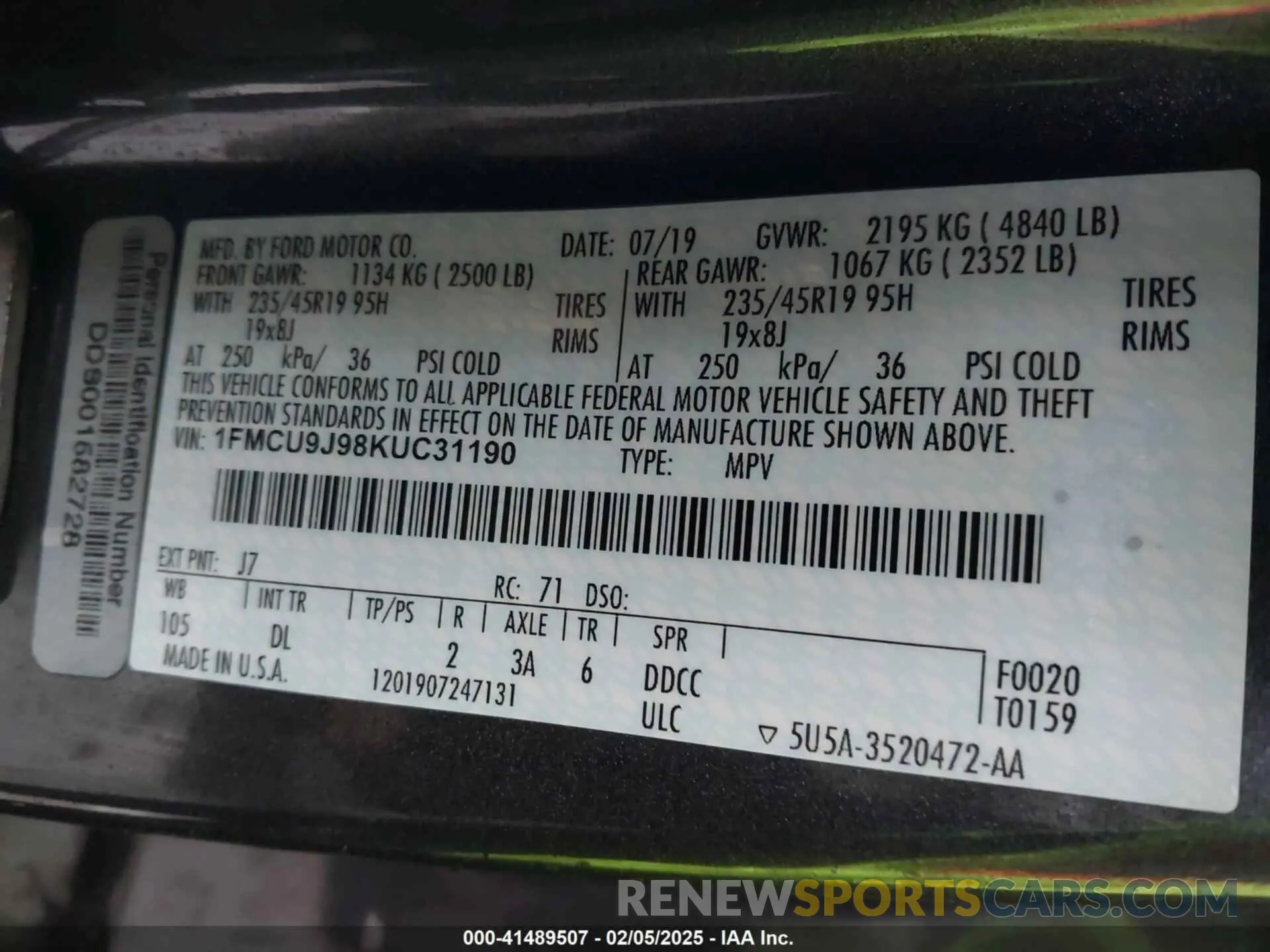 9 fotografías del automóvil dañado 1FMCU9J98KUC31190 FORD ESCAPE 2019