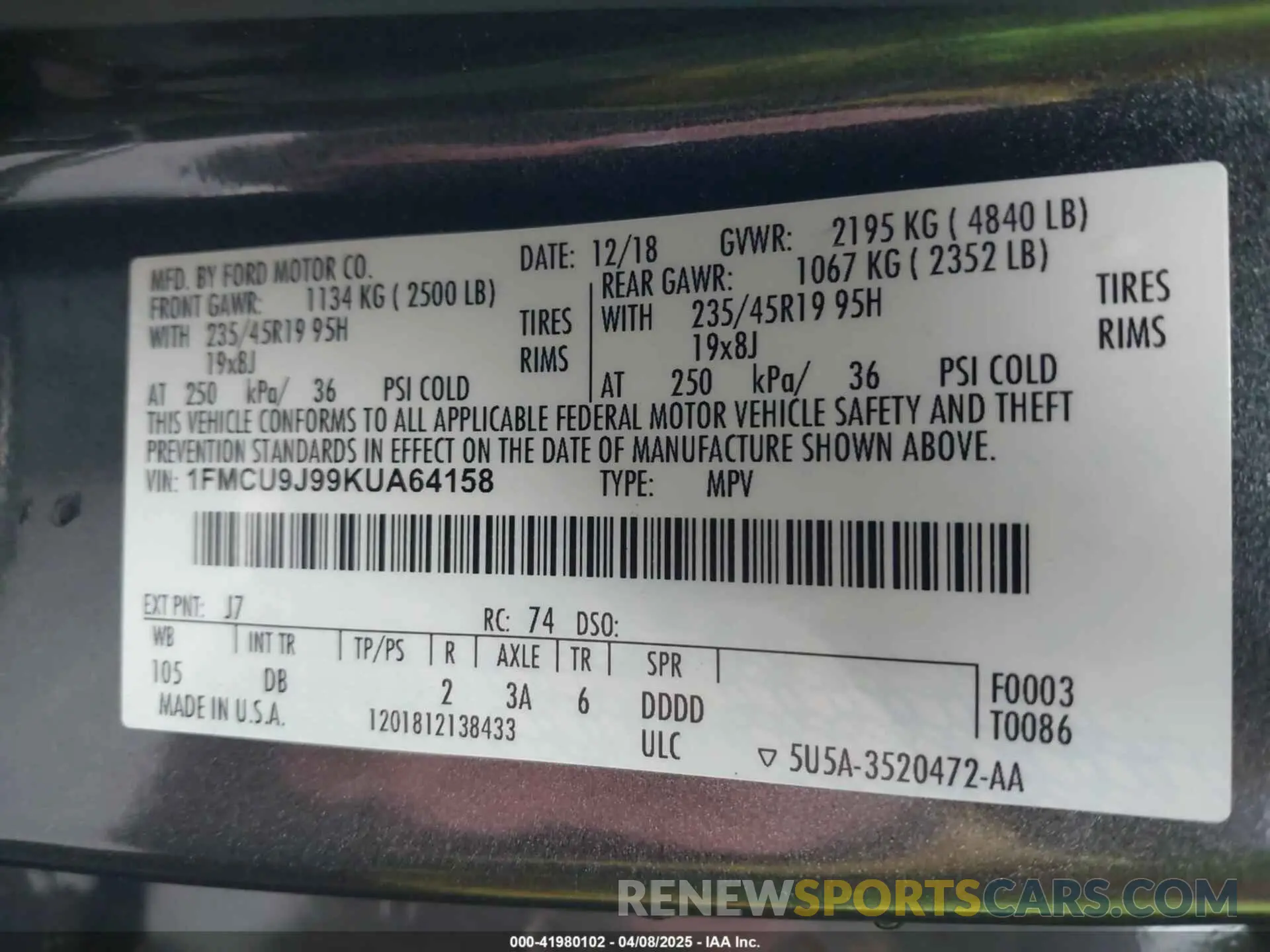 9 fotografías del automóvil dañado 1FMCU9J99KUA64158 FORD ESCAPE 2019