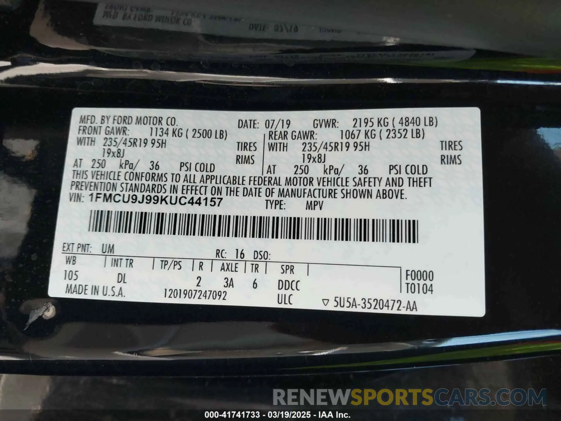 9 fotografías del automóvil dañado 1FMCU9J99KUC44157 FORD ESCAPE 2019