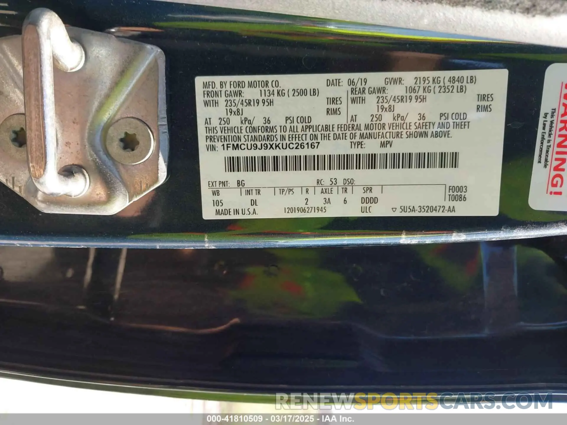 9 fotografías del automóvil dañado 1FMCU9J9XKUC26167 FORD ESCAPE 2019