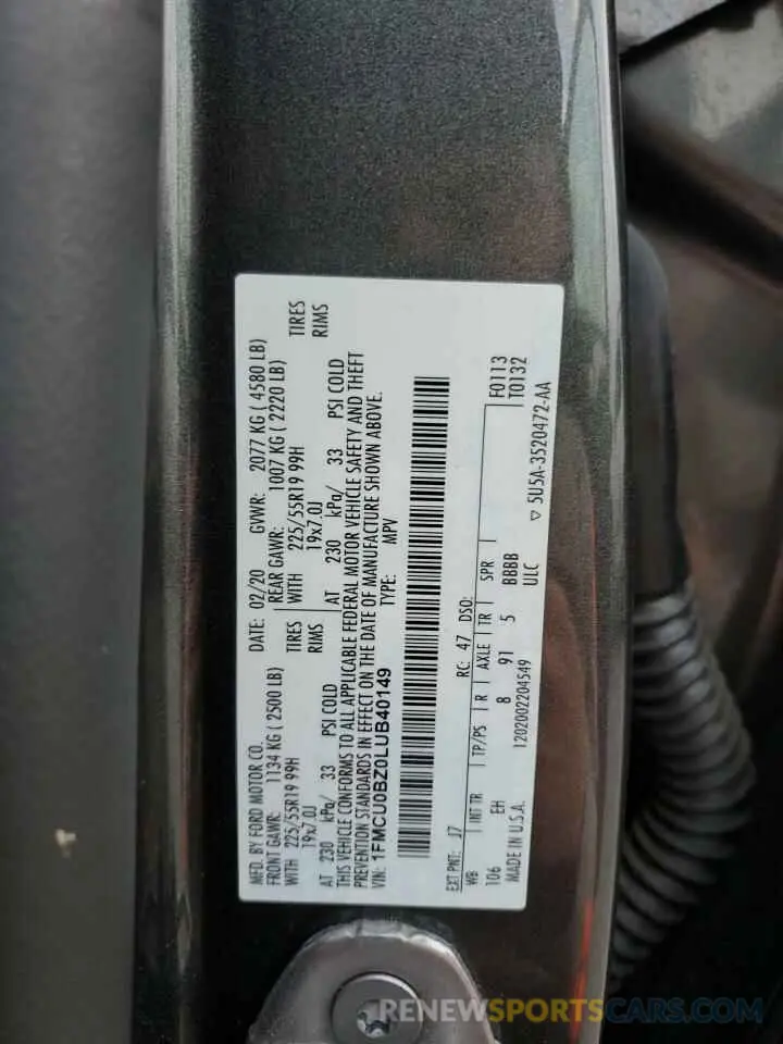 13 fotografías del automóvil dañado 1FMCU0BZ0LUB40149 FORD ESCAPE 2020