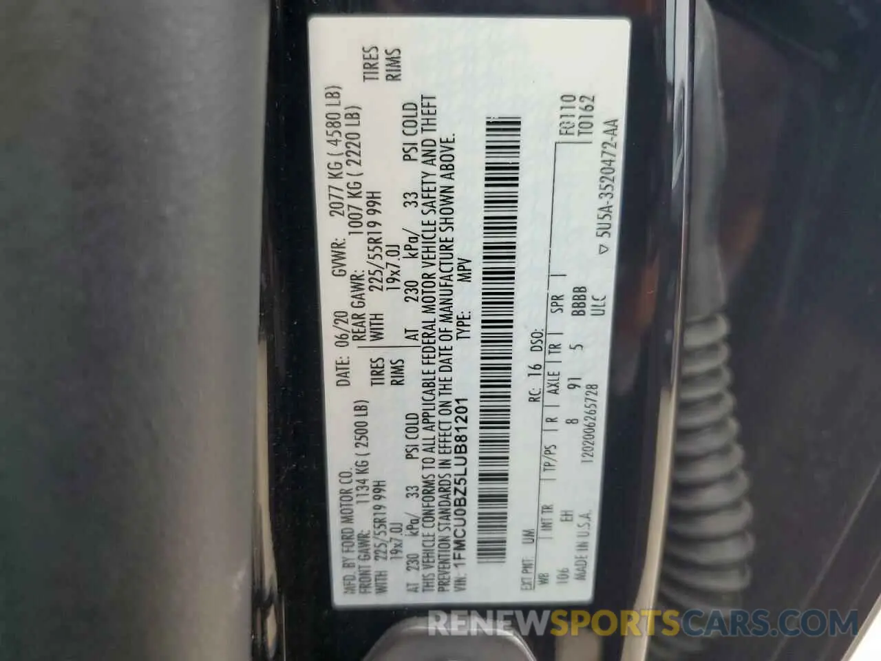 14 fotografías del automóvil dañado 1FMCU0BZ5LUB81201 FORD ESCAPE 2020