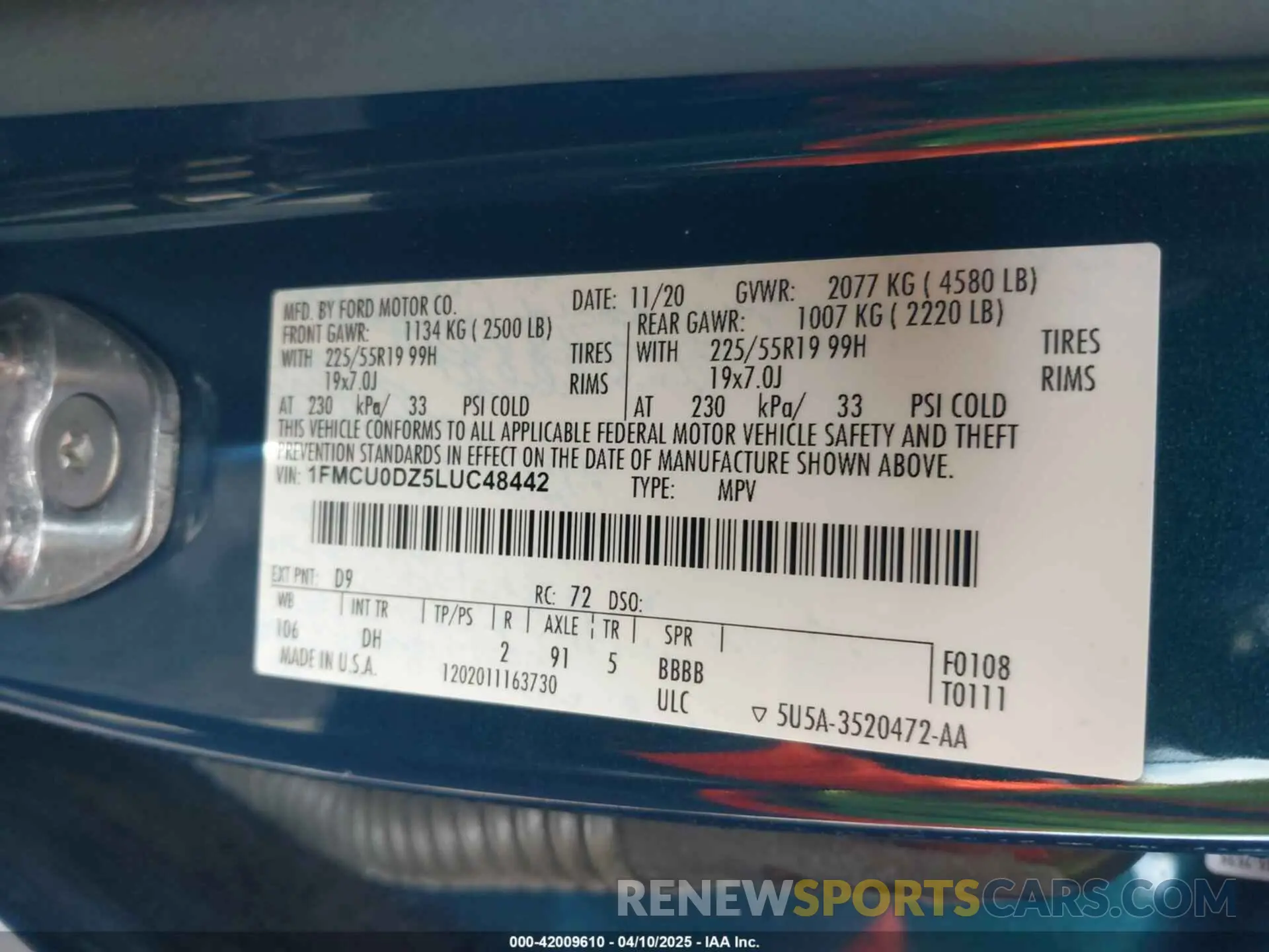 9 fotografías del automóvil dañado 1FMCU0DZ5LUC48442 FORD ESCAPE 2020