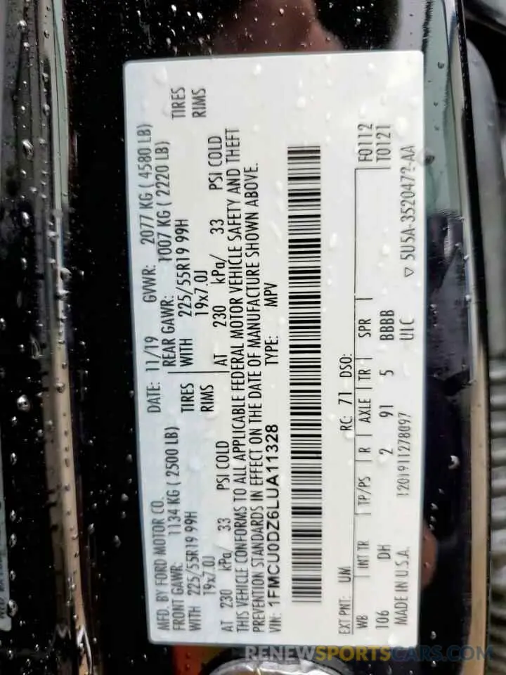 14 fotografías del automóvil dañado 1FMCU0DZ6LUA11328 FORD ESCAPE 2020