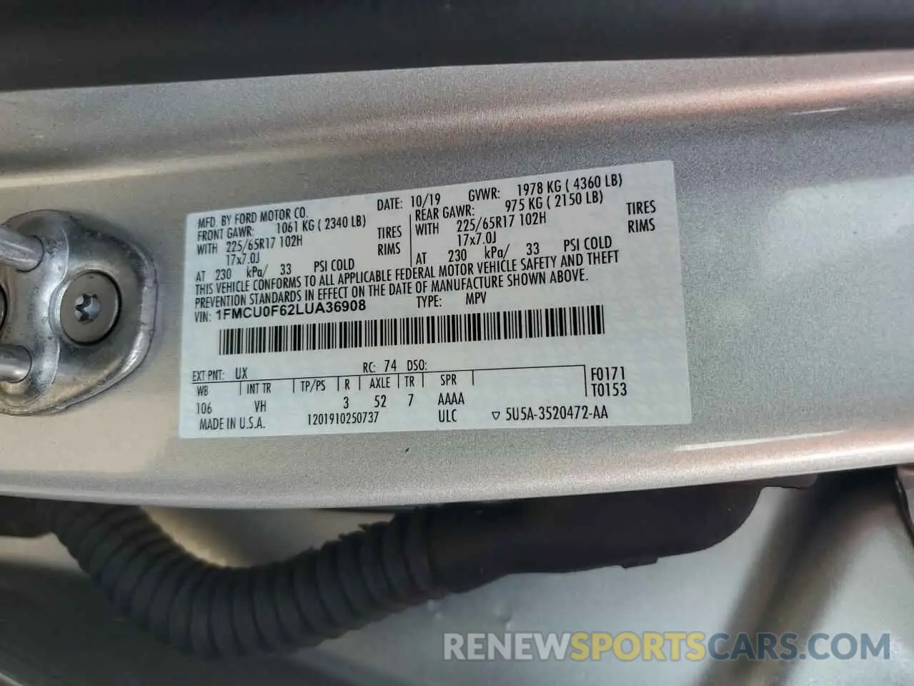 12 fotografías del automóvil dañado 1FMCU0F62LUA36908 FORD ESCAPE 2020