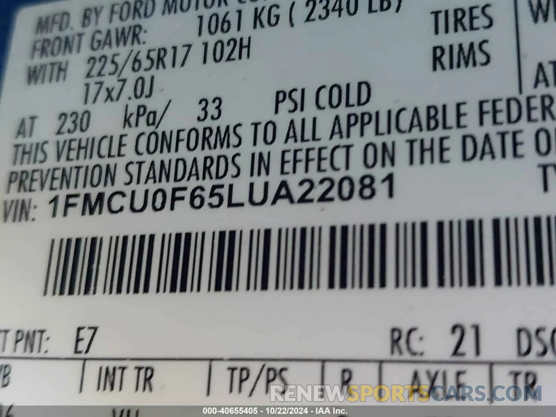 9 fotografías del automóvil dañado 1FMCU0F65LUA22081 FORD ESCAPE 2020
