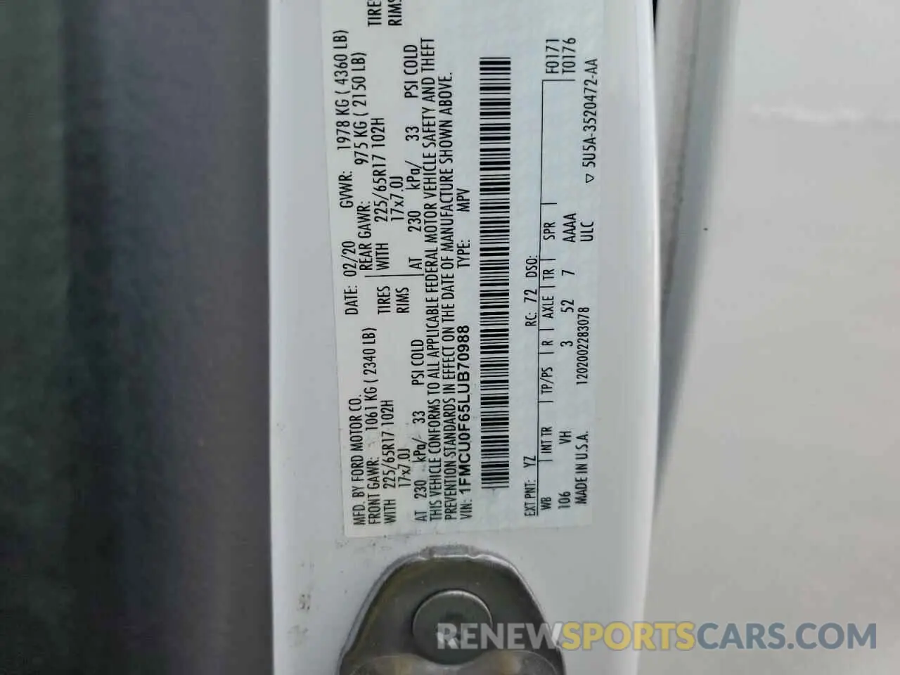 12 fotografías del automóvil dañado 1FMCU0F65LUB70988 FORD ESCAPE 2020