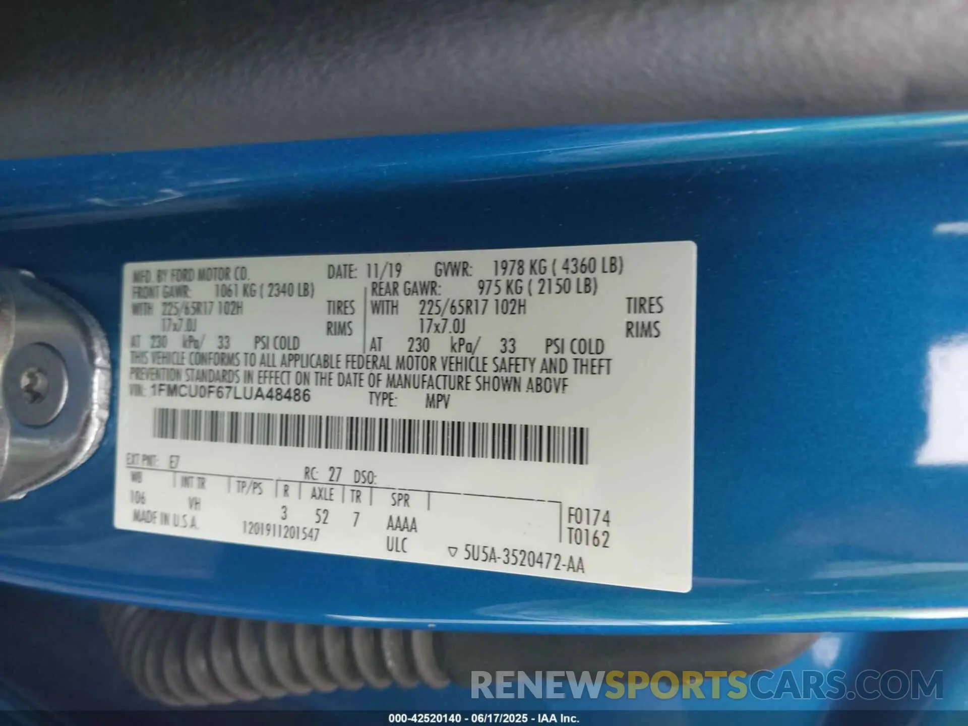 9 fotografías del automóvil dañado 1FMCU0F67LUA48486 FORD ESCAPE 2020
