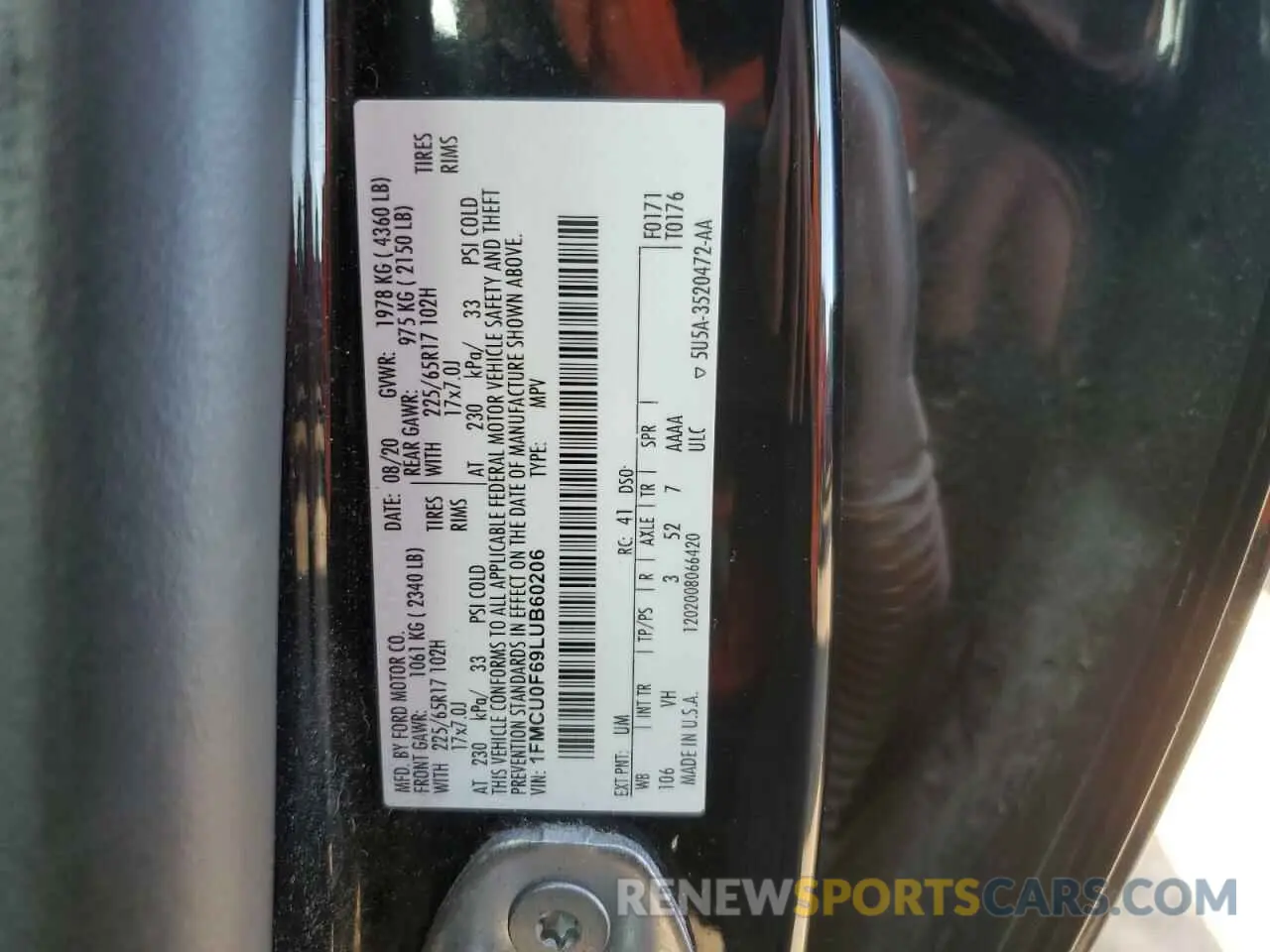 12 fotografías del automóvil dañado 1FMCU0F69LUB60206 FORD ESCAPE 2020