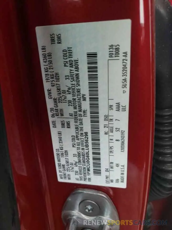 15 fotografías del automóvil dañado 1FMCU0G60LUB56298 FORD ESCAPE 2020