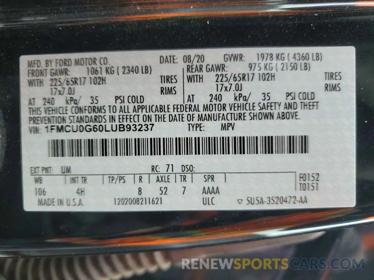 13 fotografías del automóvil dañado 1FMCU0G60LUB93237 FORD ESCAPE 2020