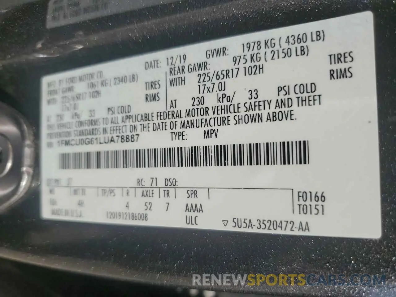 12 fotografías del automóvil dañado 1FMCU0G61LUA78887 FORD ESCAPE 2020