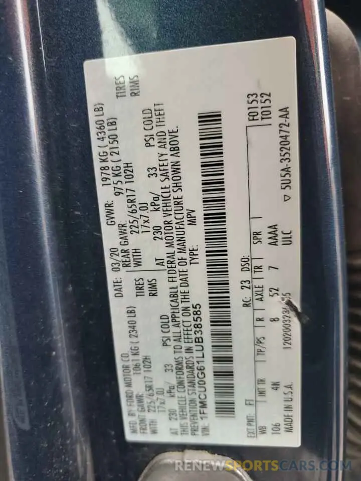14 fotografías del automóvil dañado 1FMCU0G61LUB38585 FORD ESCAPE 2020