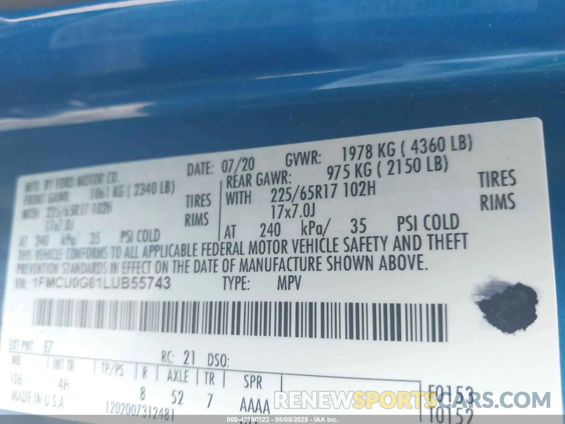 9 fotografías del automóvil dañado 1FMCU0G61LUB55743 FORD ESCAPE 2020