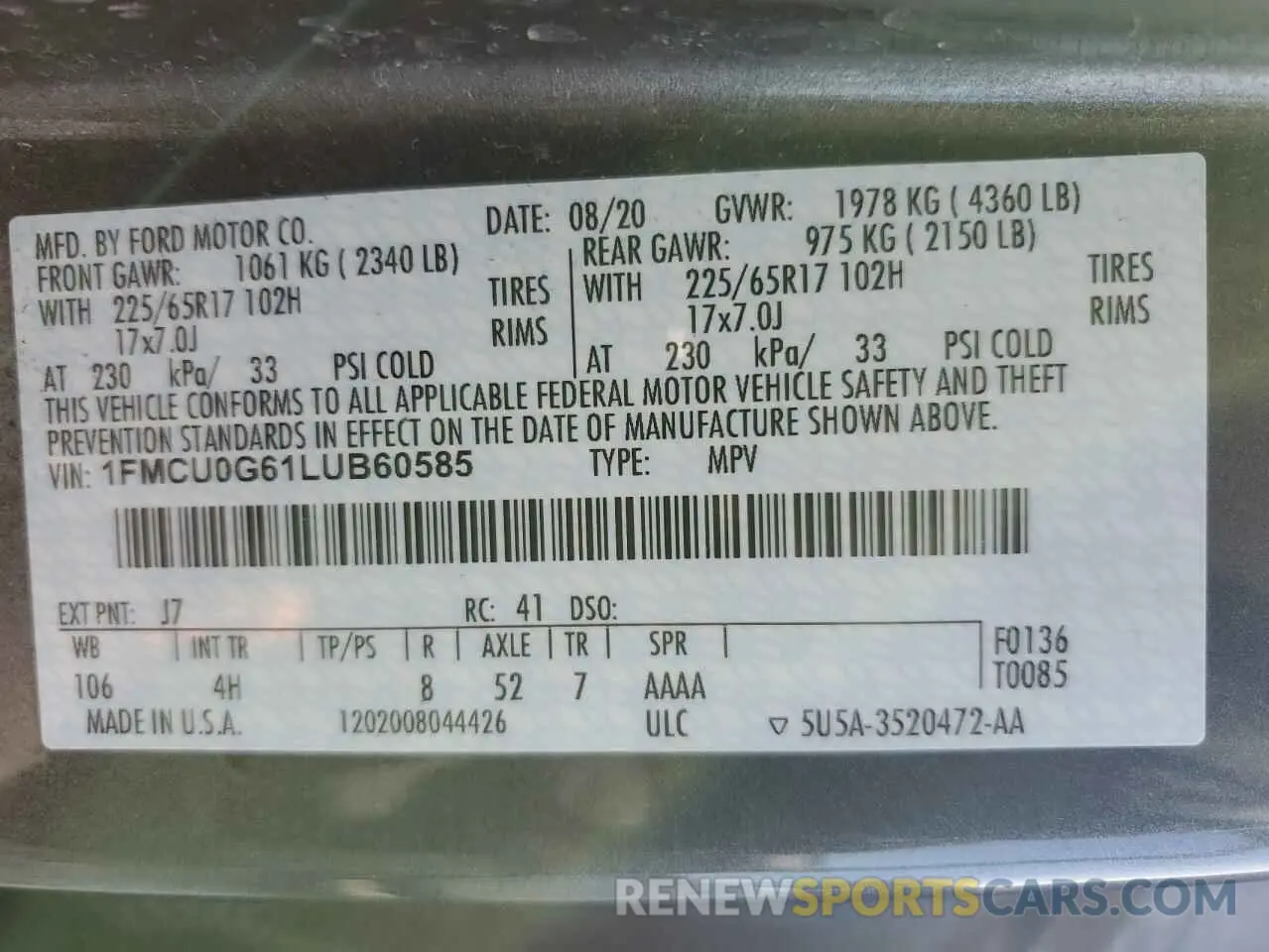 13 fotografías del automóvil dañado 1FMCU0G61LUB60585 FORD ESCAPE 2020