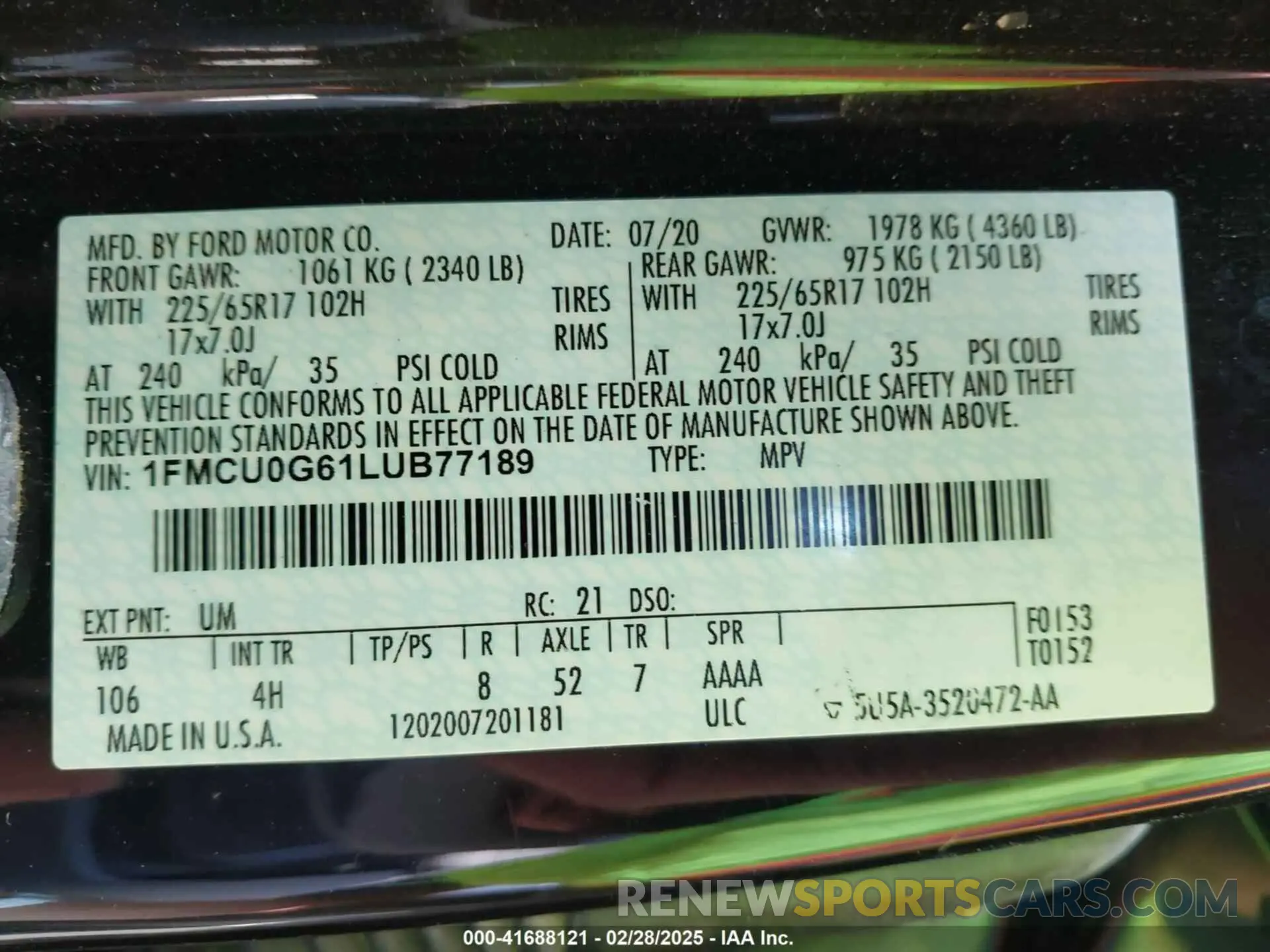 9 fotografías del automóvil dañado 1FMCU0G61LUB77189 FORD ESCAPE 2020