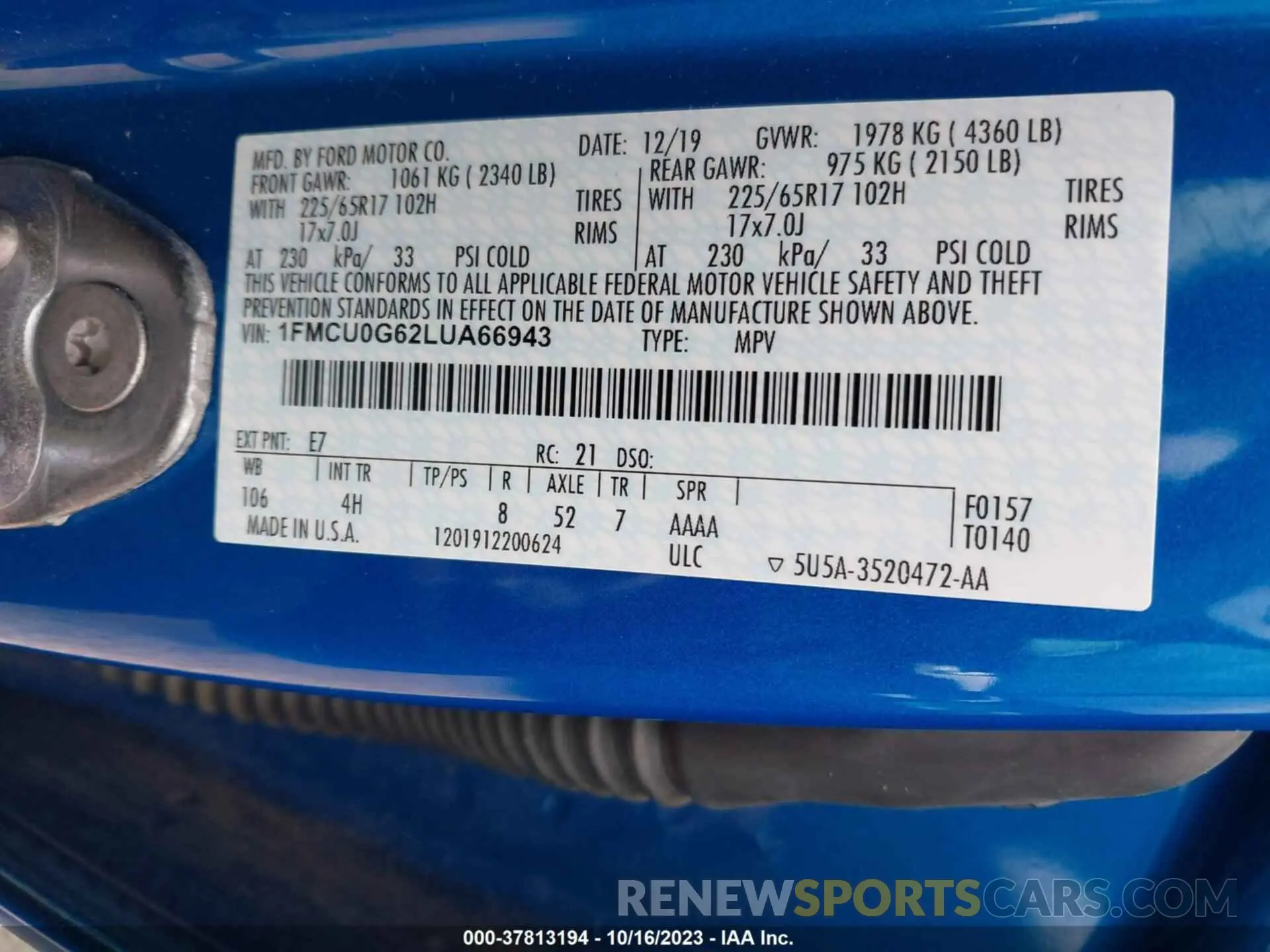 9 fotografías del automóvil dañado 1FMCU0G62LUA66943 FORD ESCAPE 2020