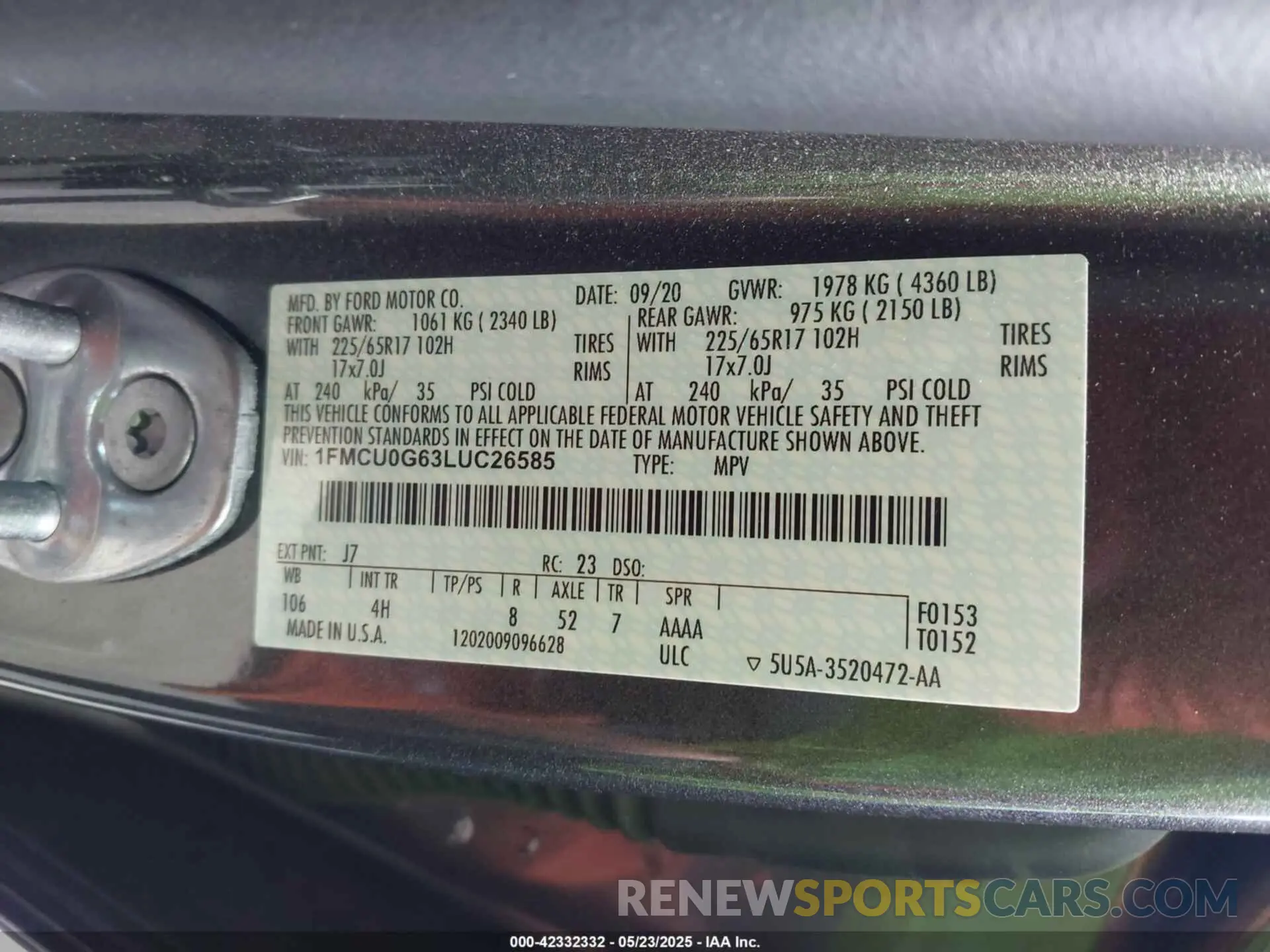 9 fotografías del automóvil dañado 1FMCU0G63LUC26585 FORD ESCAPE 2020