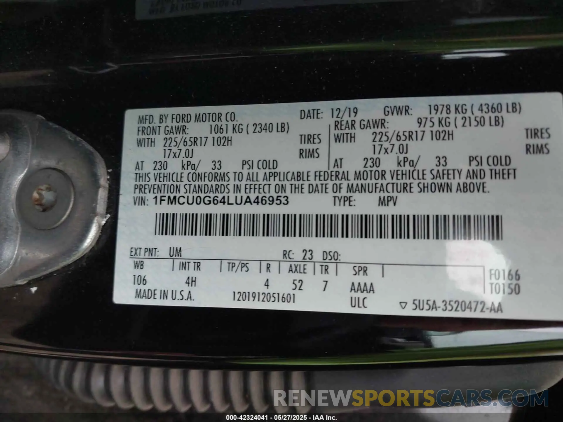 9 fotografías del automóvil dañado 1FMCU0G64LUA46953 FORD ESCAPE 2020