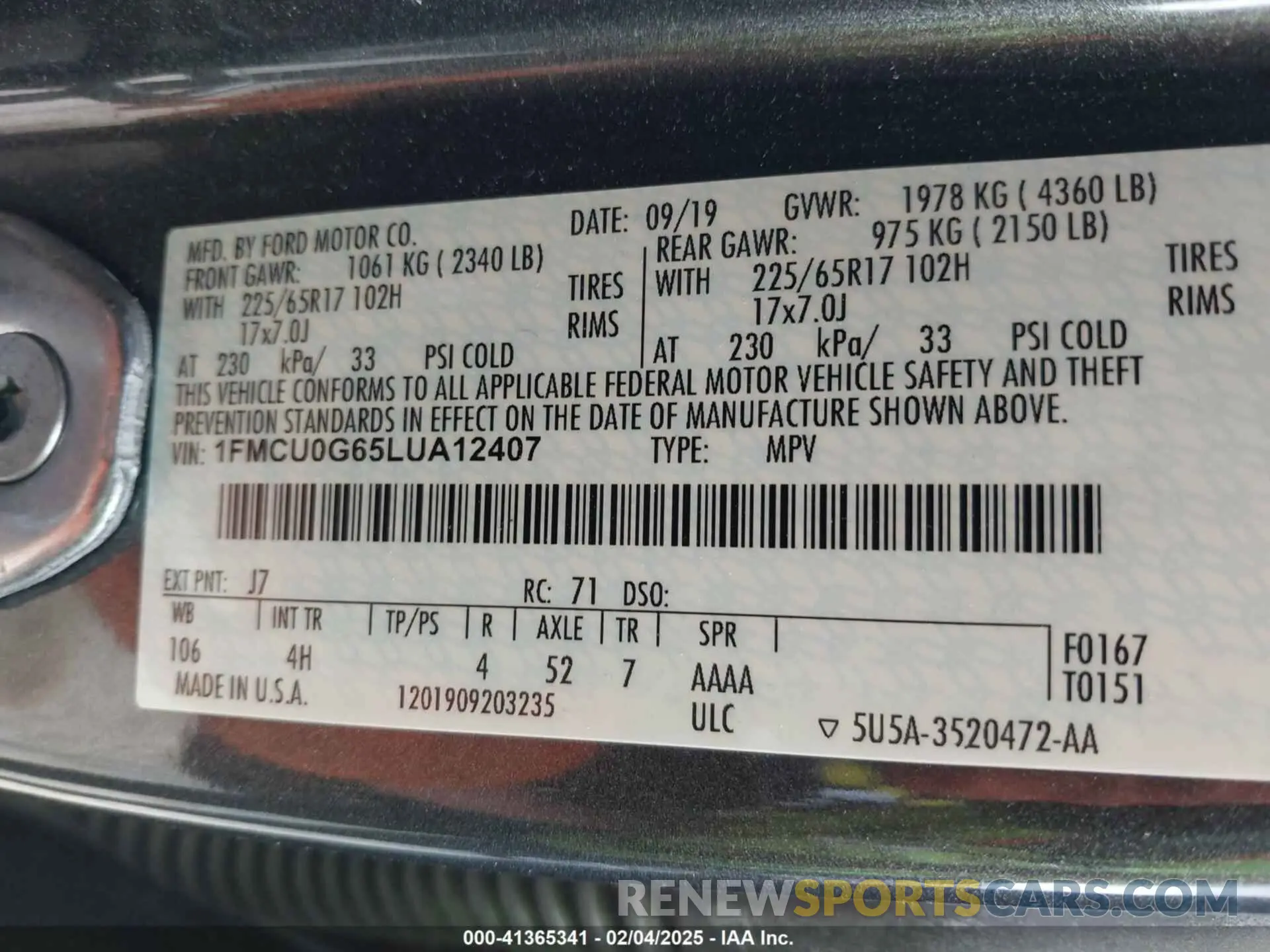 9 fotografías del automóvil dañado 1FMCU0G65LUA12407 FORD ESCAPE 2020