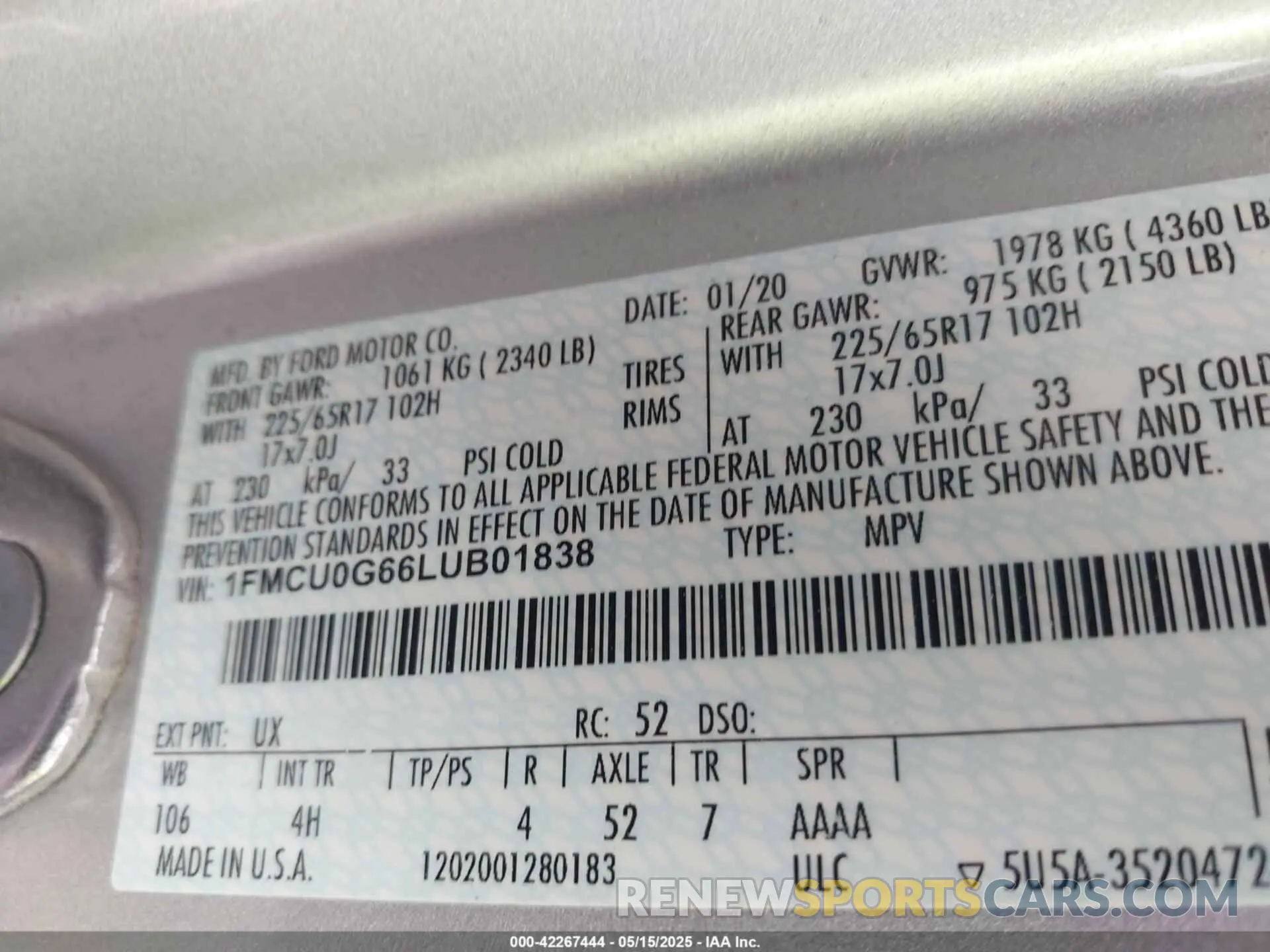 9 fotografías del automóvil dañado 1FMCU0G66LUB01838 FORD ESCAPE 2020