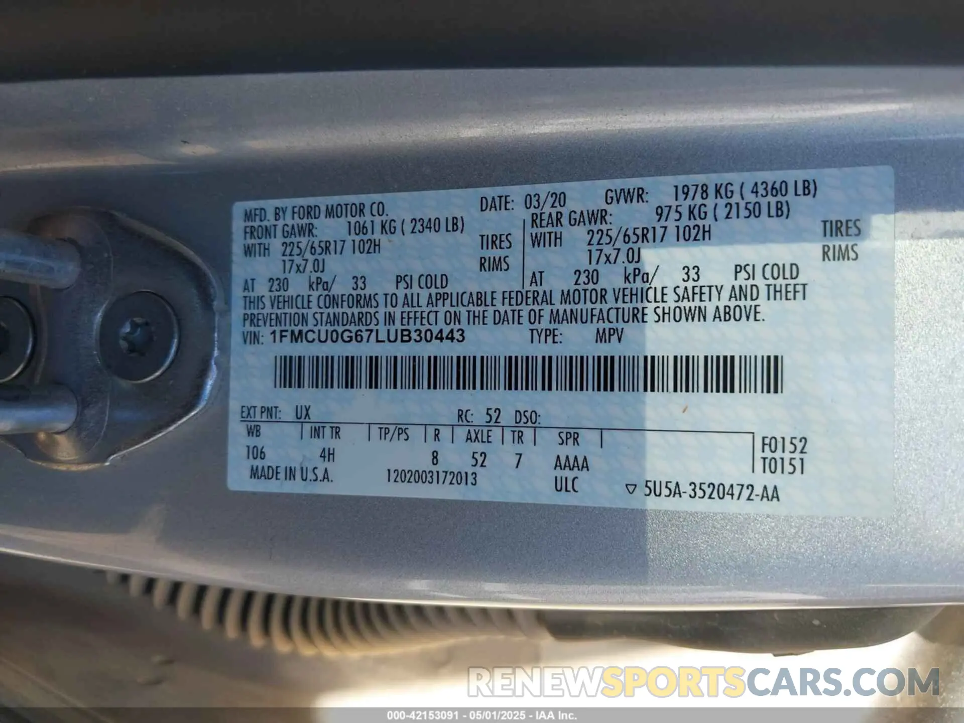9 fotografías del automóvil dañado 1FMCU0G67LUB30443 FORD ESCAPE 2020