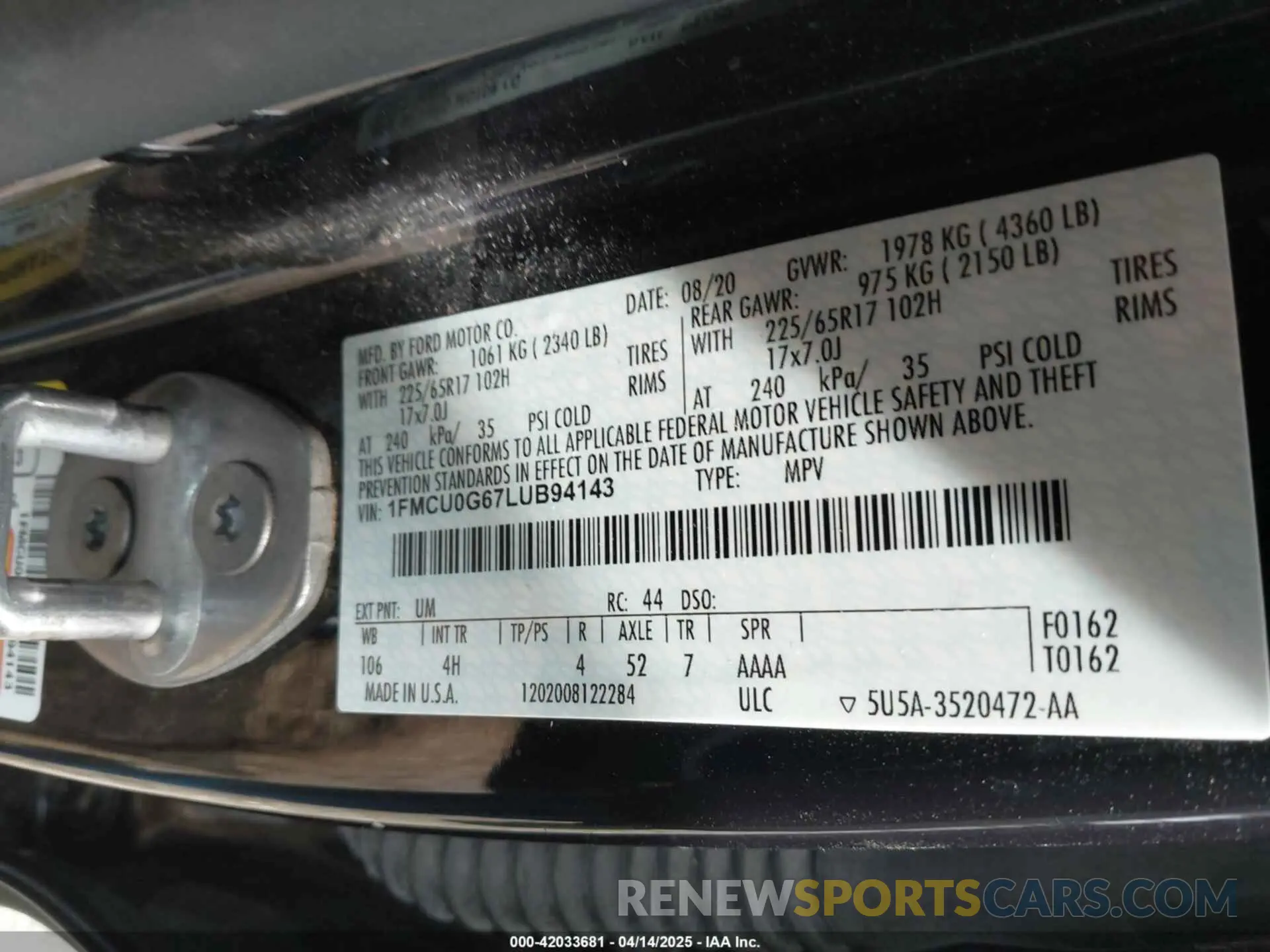 9 fotografías del automóvil dañado 1FMCU0G67LUB94143 FORD ESCAPE 2020