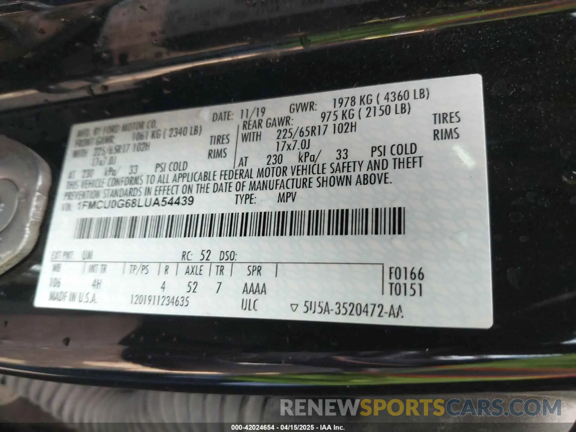 9 fotografías del automóvil dañado 1FMCU0G68LUA54439 FORD ESCAPE 2020