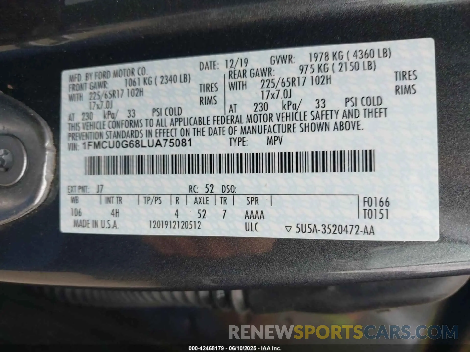 9 fotografías del automóvil dañado 1FMCU0G68LUA75081 FORD ESCAPE 2020