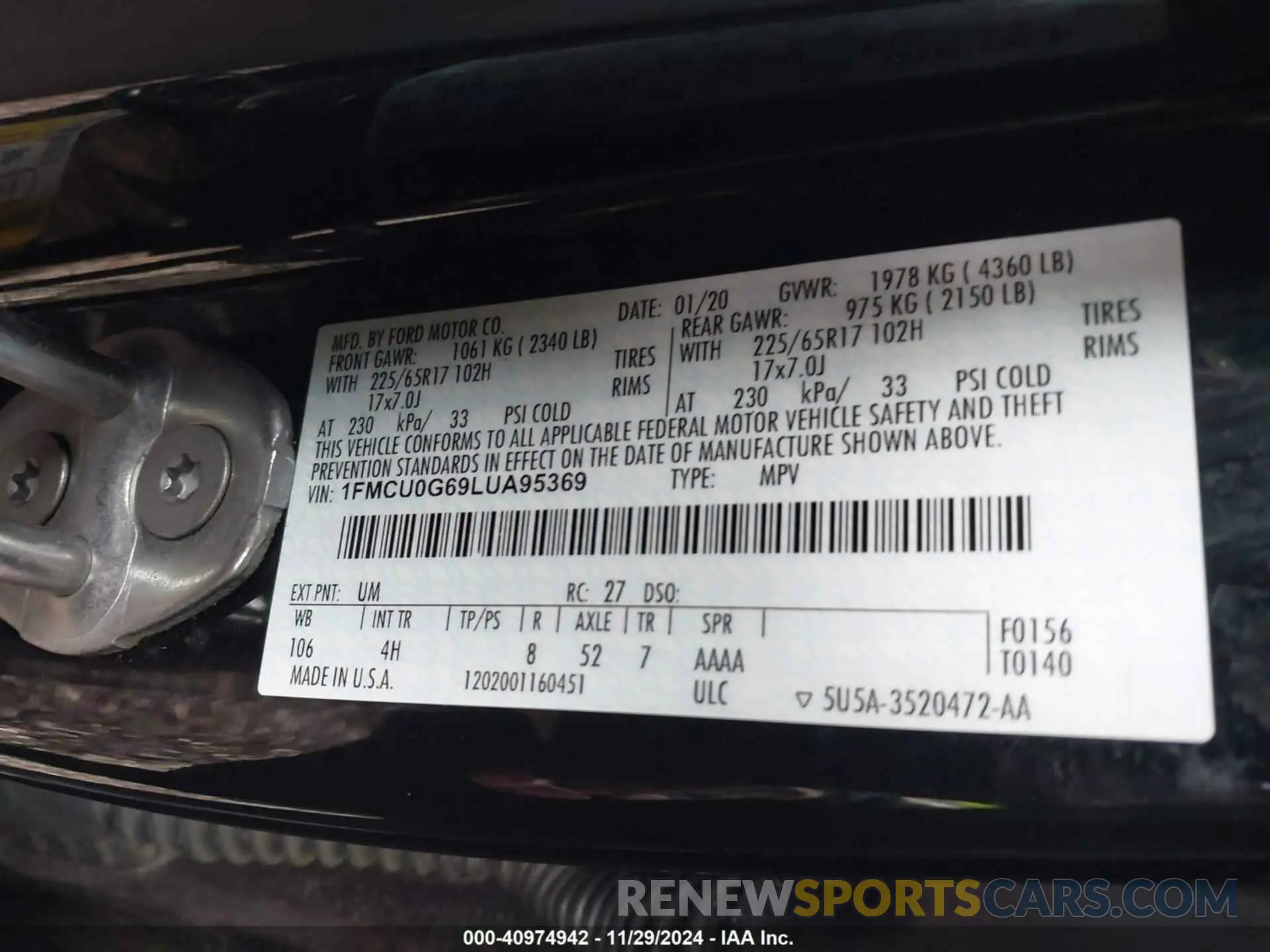 9 fotografías del automóvil dañado 1FMCU0G69LUA95369 FORD ESCAPE 2020
