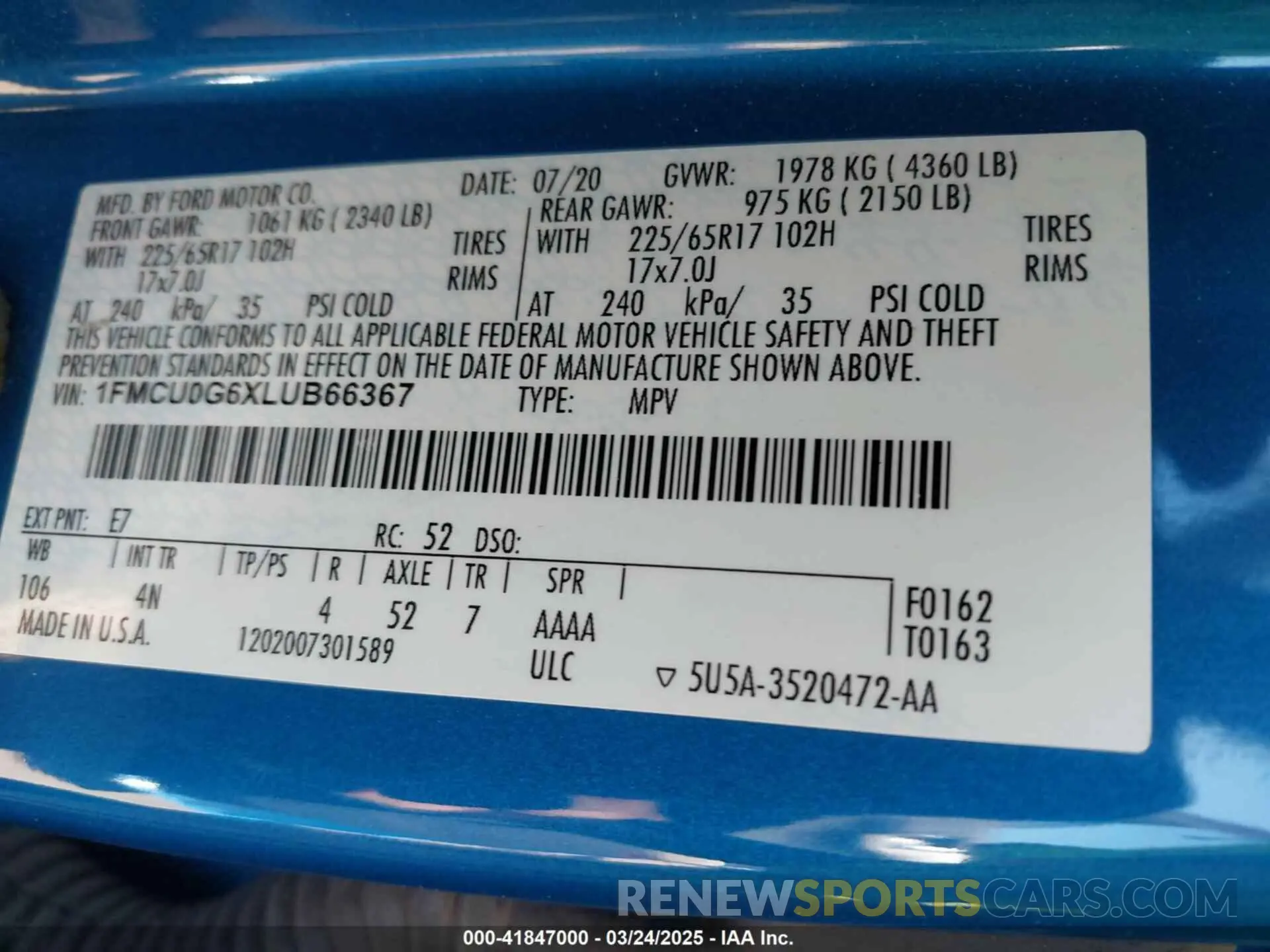 9 fotografías del automóvil dañado 1FMCU0G6XLUB66367 FORD ESCAPE 2020