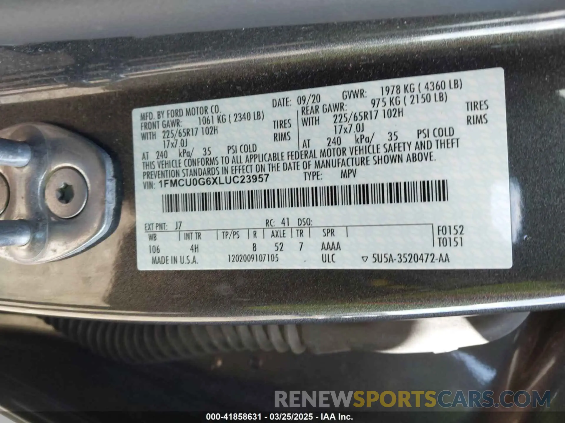 9 fotografías del automóvil dañado 1FMCU0G6XLUC23957 FORD ESCAPE 2020
