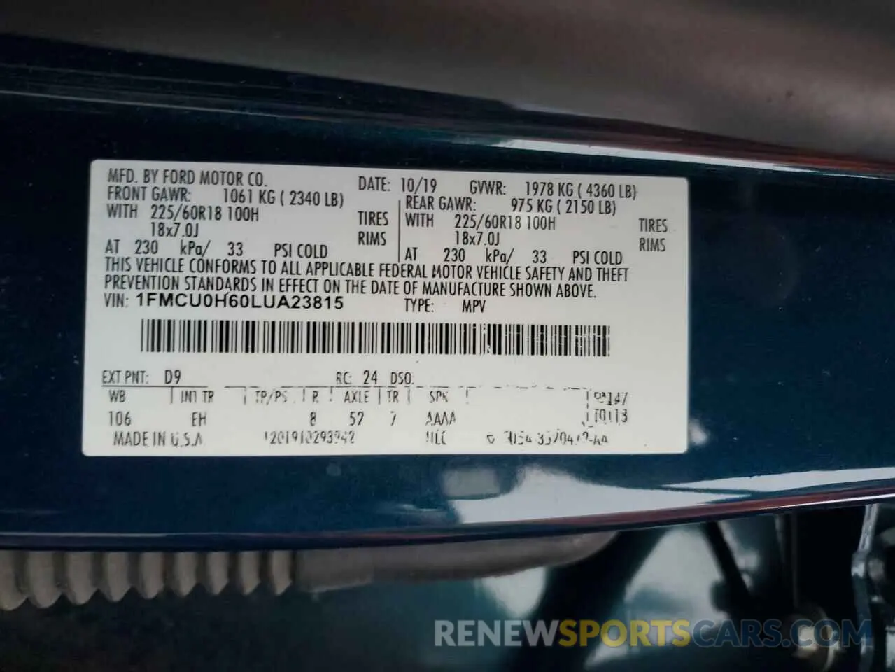 15 fotografías del automóvil dañado 1FMCU0H60LUA23815 FORD ESCAPE 2020