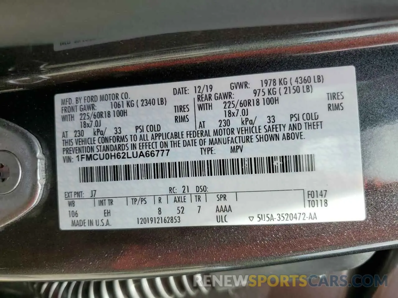 13 fotografías del automóvil dañado 1FMCU0H62LUA66777 FORD ESCAPE 2020