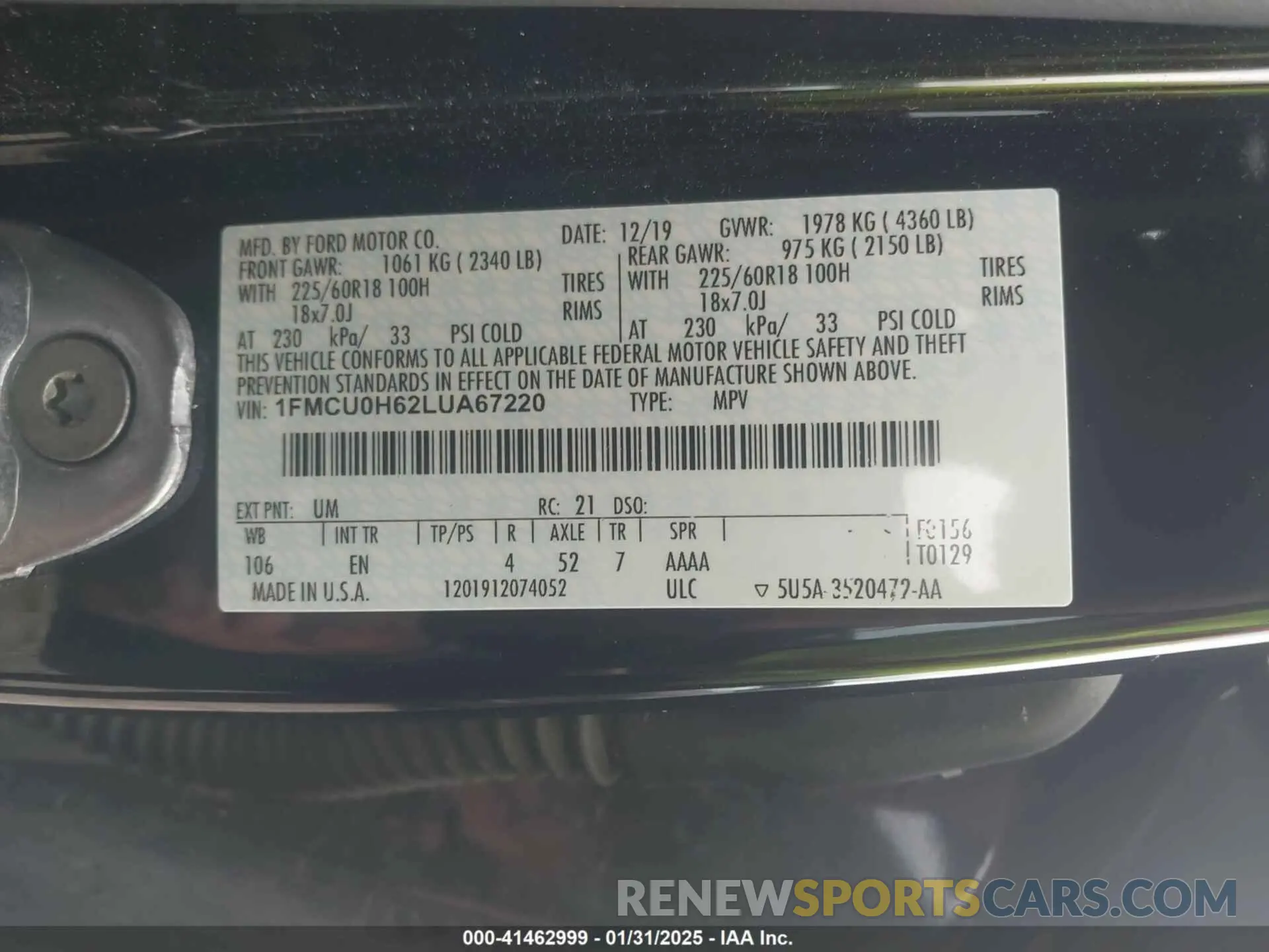 9 fotografías del automóvil dañado 1FMCU0H62LUA67220 FORD ESCAPE 2020