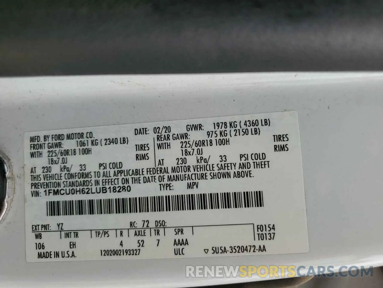13 fotografías del automóvil dañado 1FMCU0H62LUB18280 FORD ESCAPE 2020