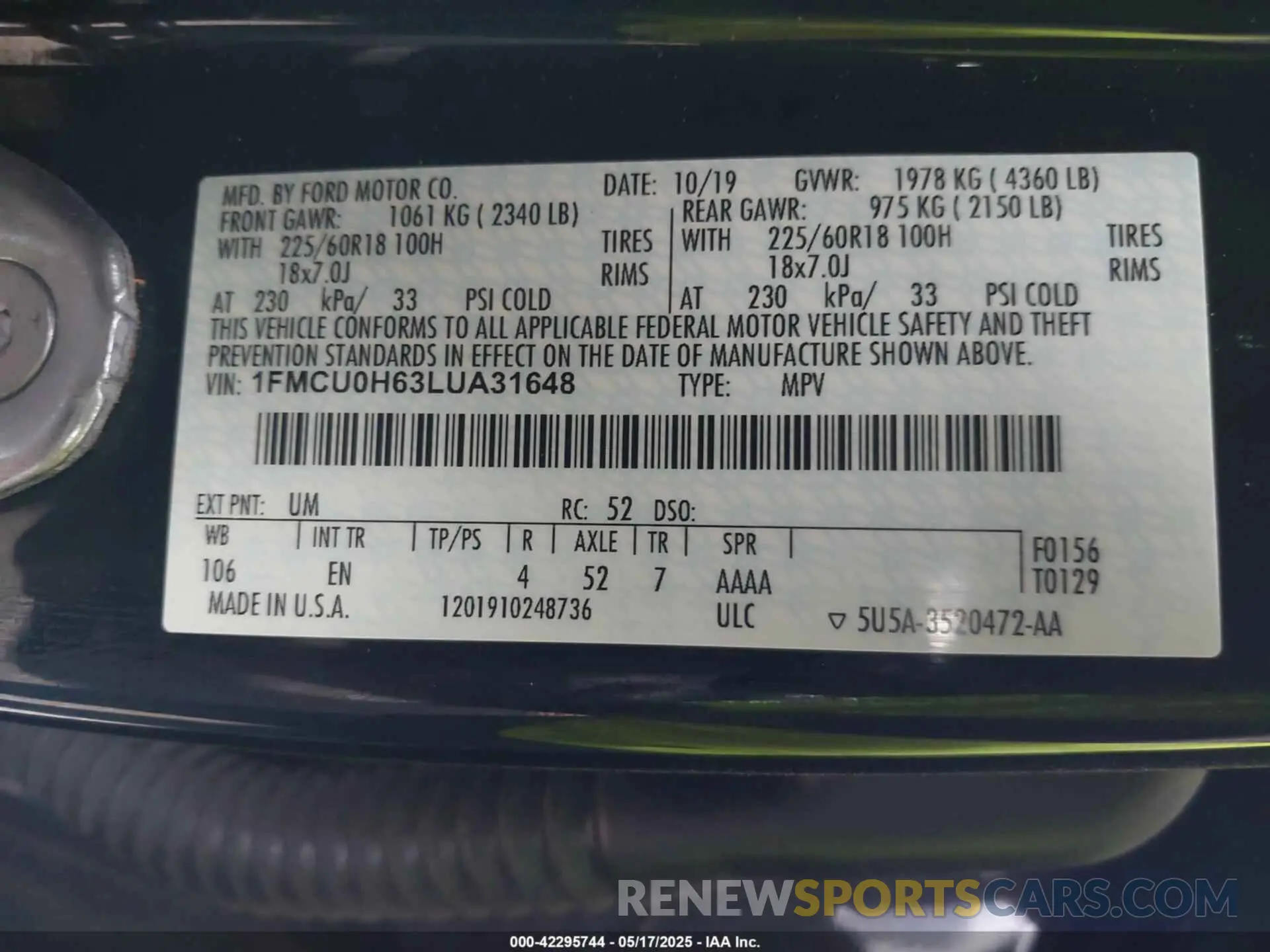 9 fotografías del automóvil dañado 1FMCU0H63LUA31648 FORD ESCAPE 2020