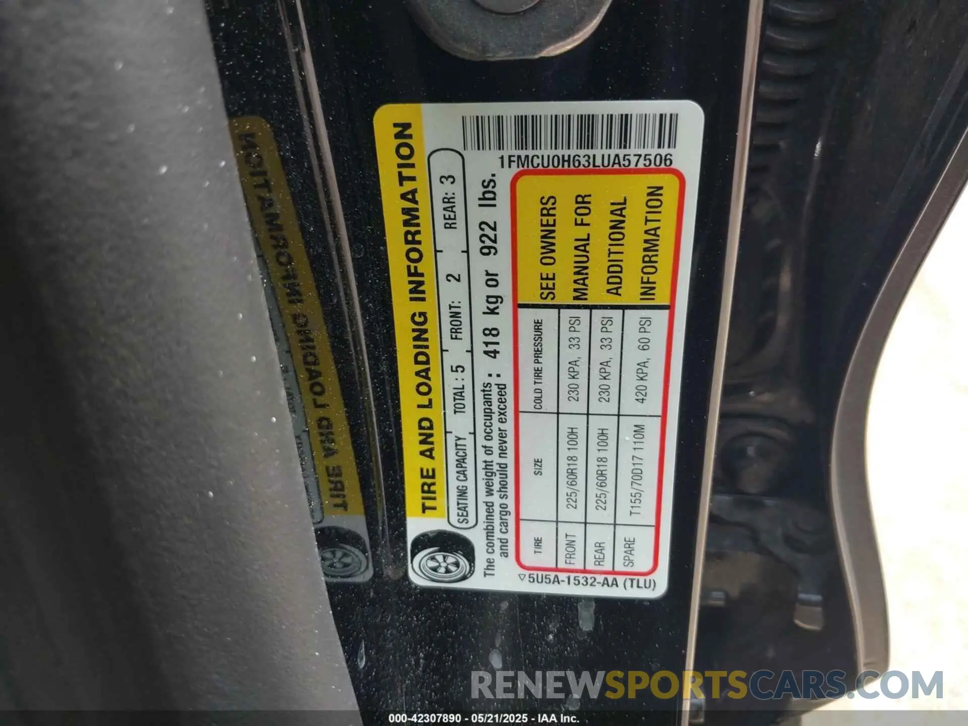 9 fotografías del automóvil dañado 1FMCU0H63LUA57506 FORD ESCAPE 2020