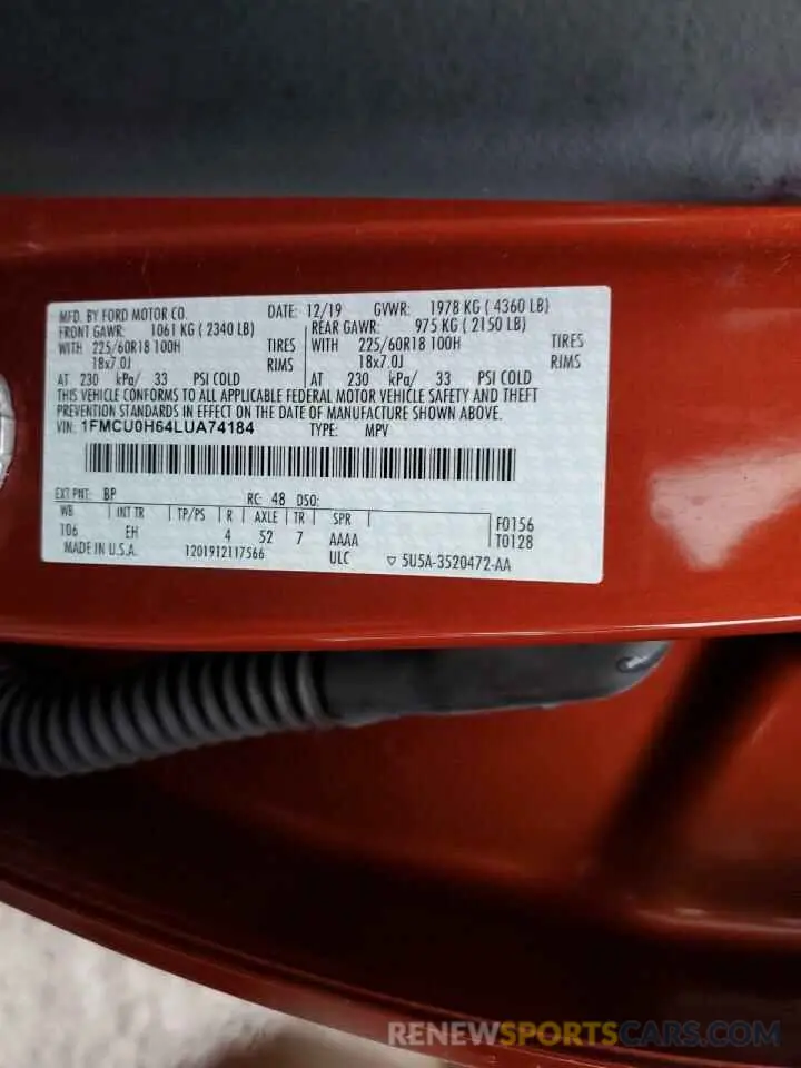 13 fotografías del automóvil dañado 1FMCU0H64LUA74184 FORD ESCAPE 2020