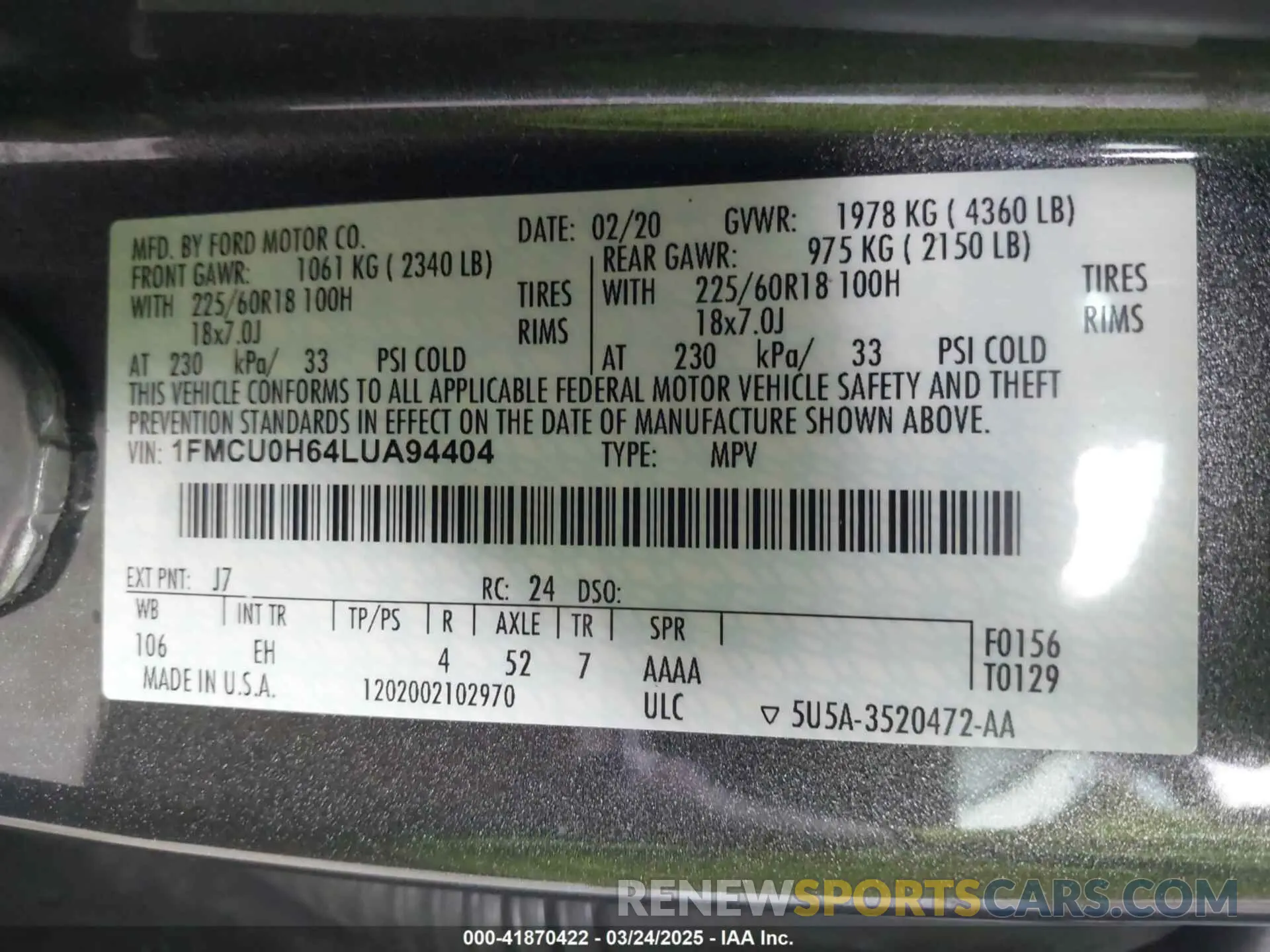 9 fotografías del automóvil dañado 1FMCU0H64LUA94404 FORD ESCAPE 2020