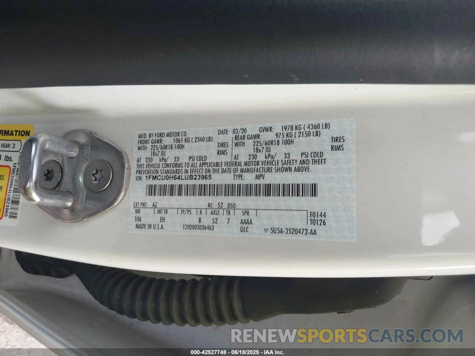 9 fotografías del automóvil dañado 1FMCU0H64LUB23965 FORD ESCAPE 2020