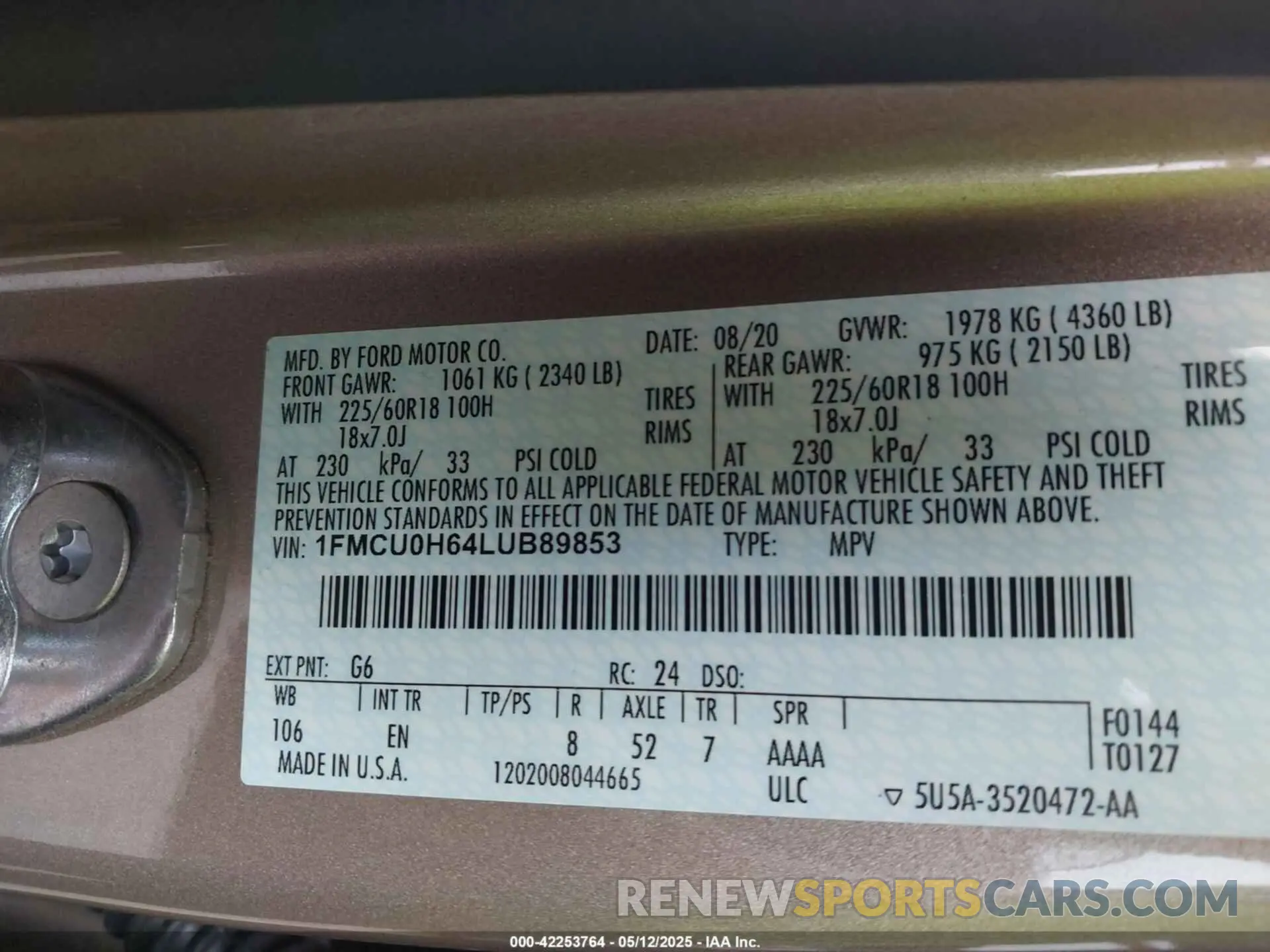 9 fotografías del automóvil dañado 1FMCU0H64LUB89853 FORD ESCAPE 2020