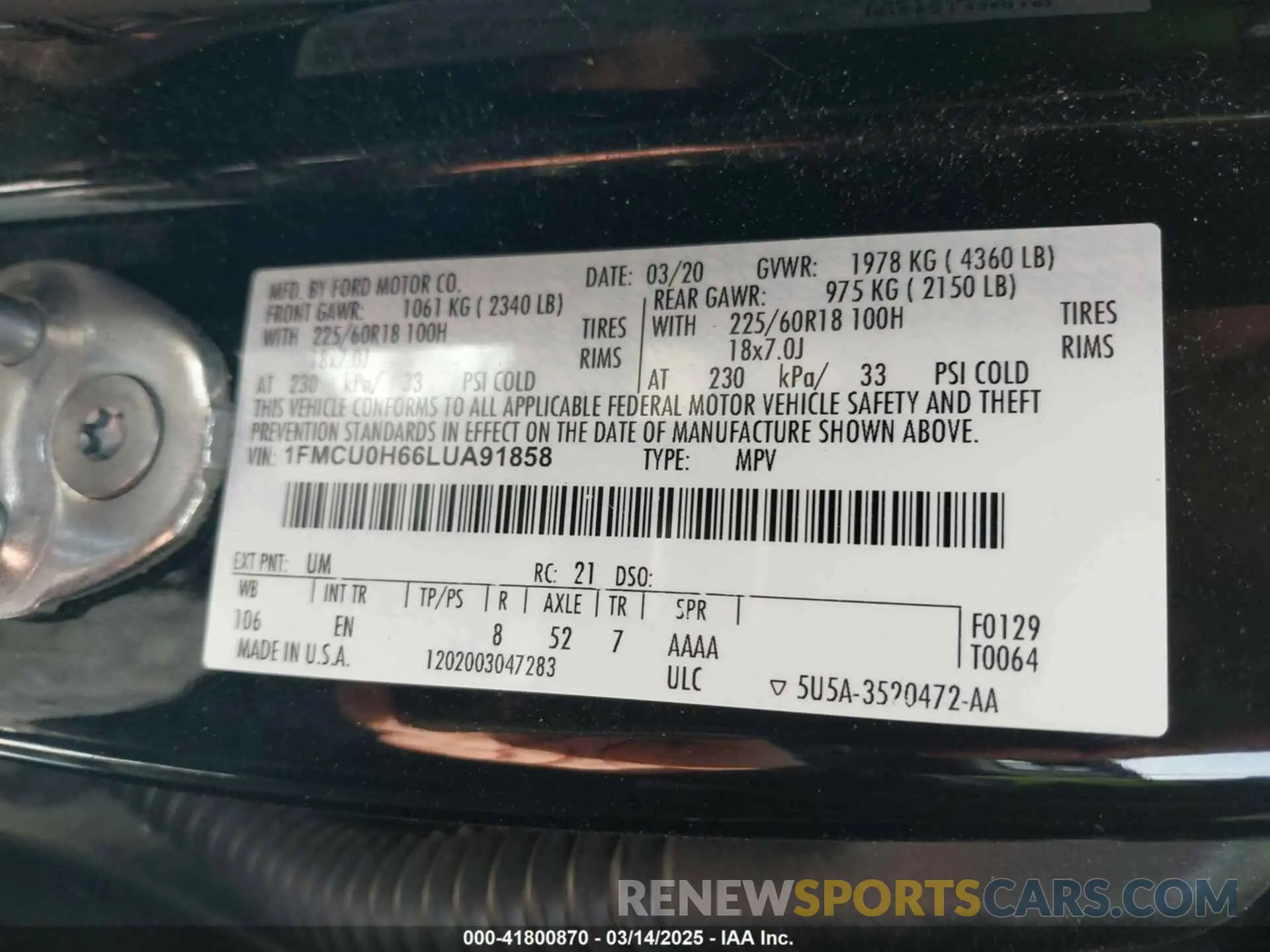 9 fotografías del automóvil dañado 1FMCU0H66LUA91858 FORD ESCAPE 2020