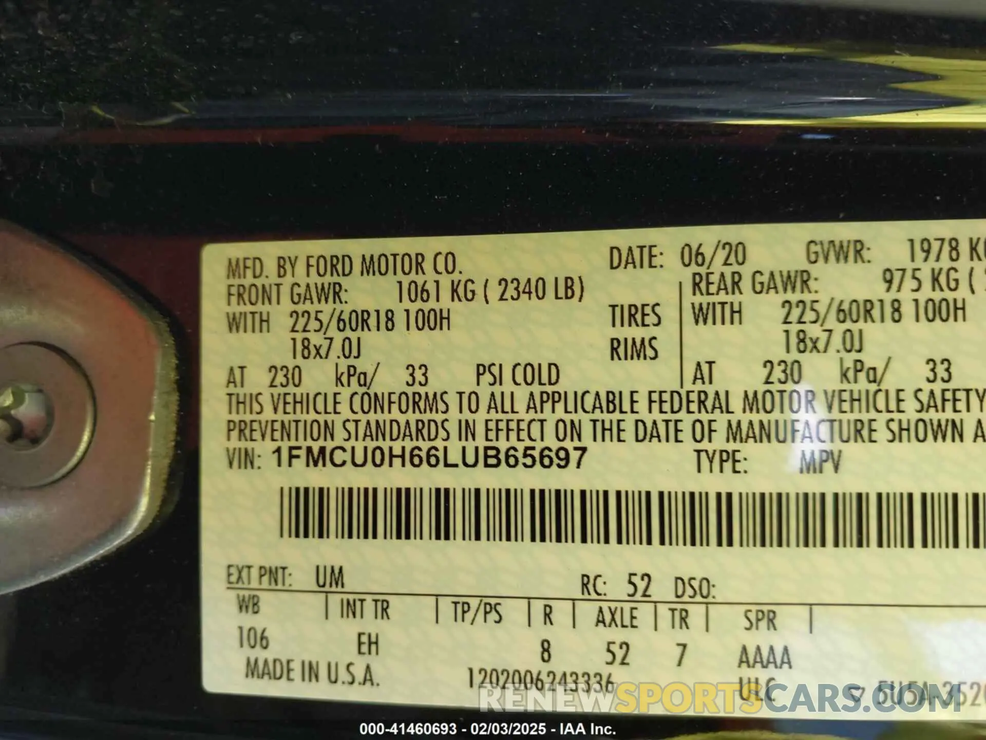 9 fotografías del automóvil dañado 1FMCU0H66LUB65697 FORD ESCAPE 2020