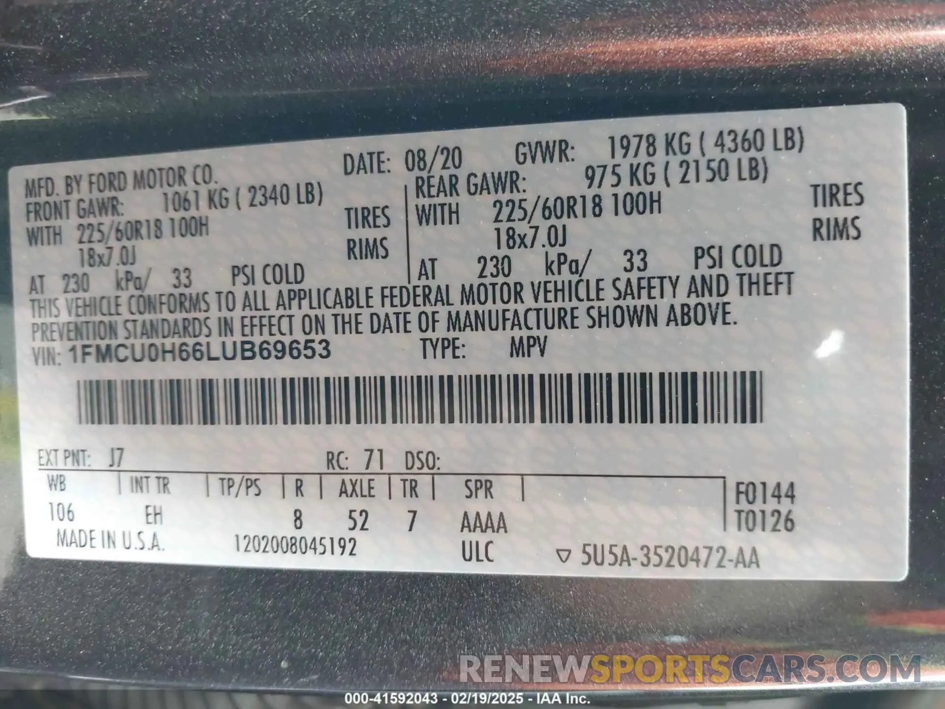 9 fotografías del automóvil dañado 1FMCU0H66LUB69653 FORD ESCAPE 2020